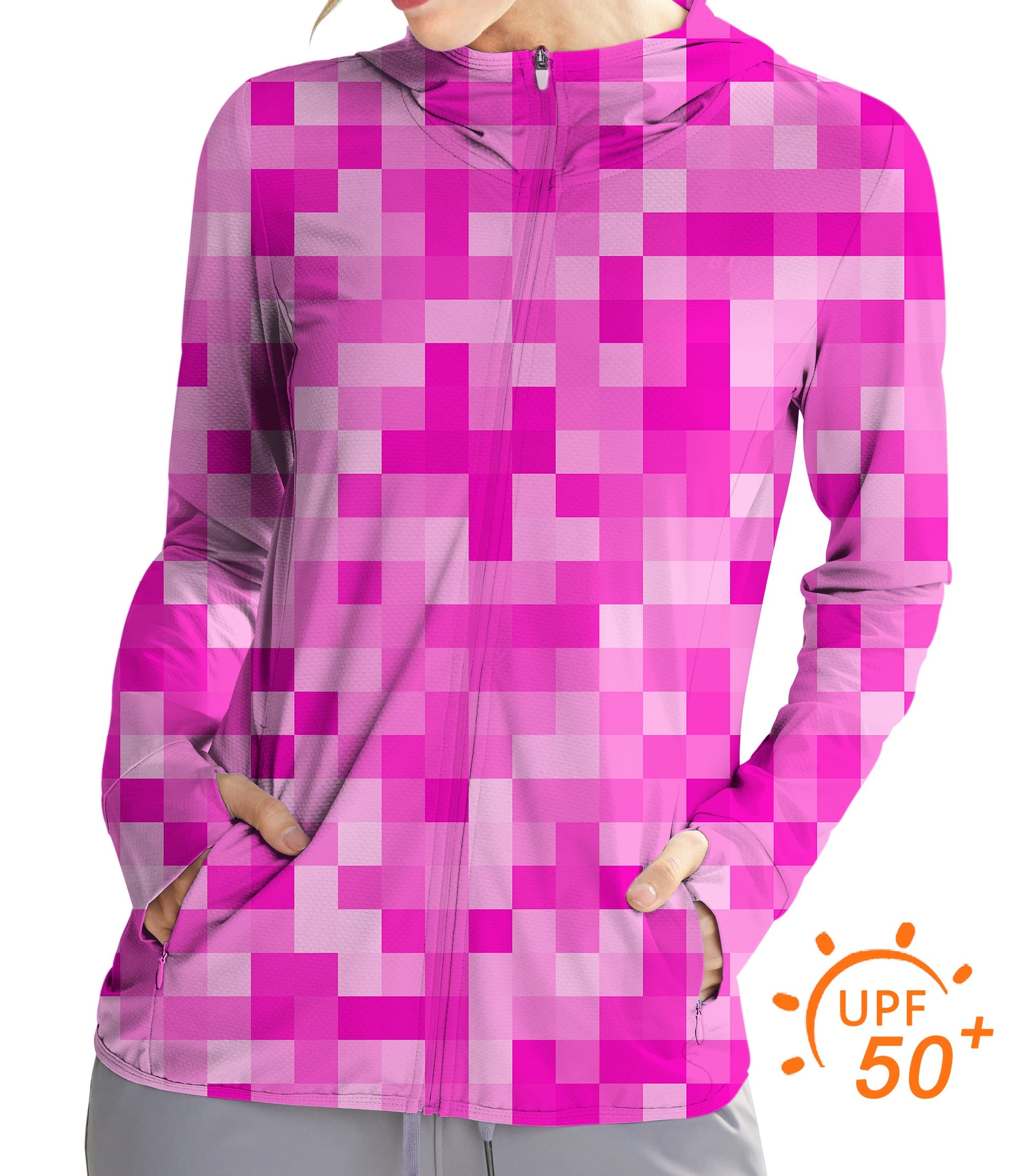 Women's outdoor rose red pixel golf sun protection slim fit zip hoodie with moisture-wicking fabric and UPF 50+ UV protection
