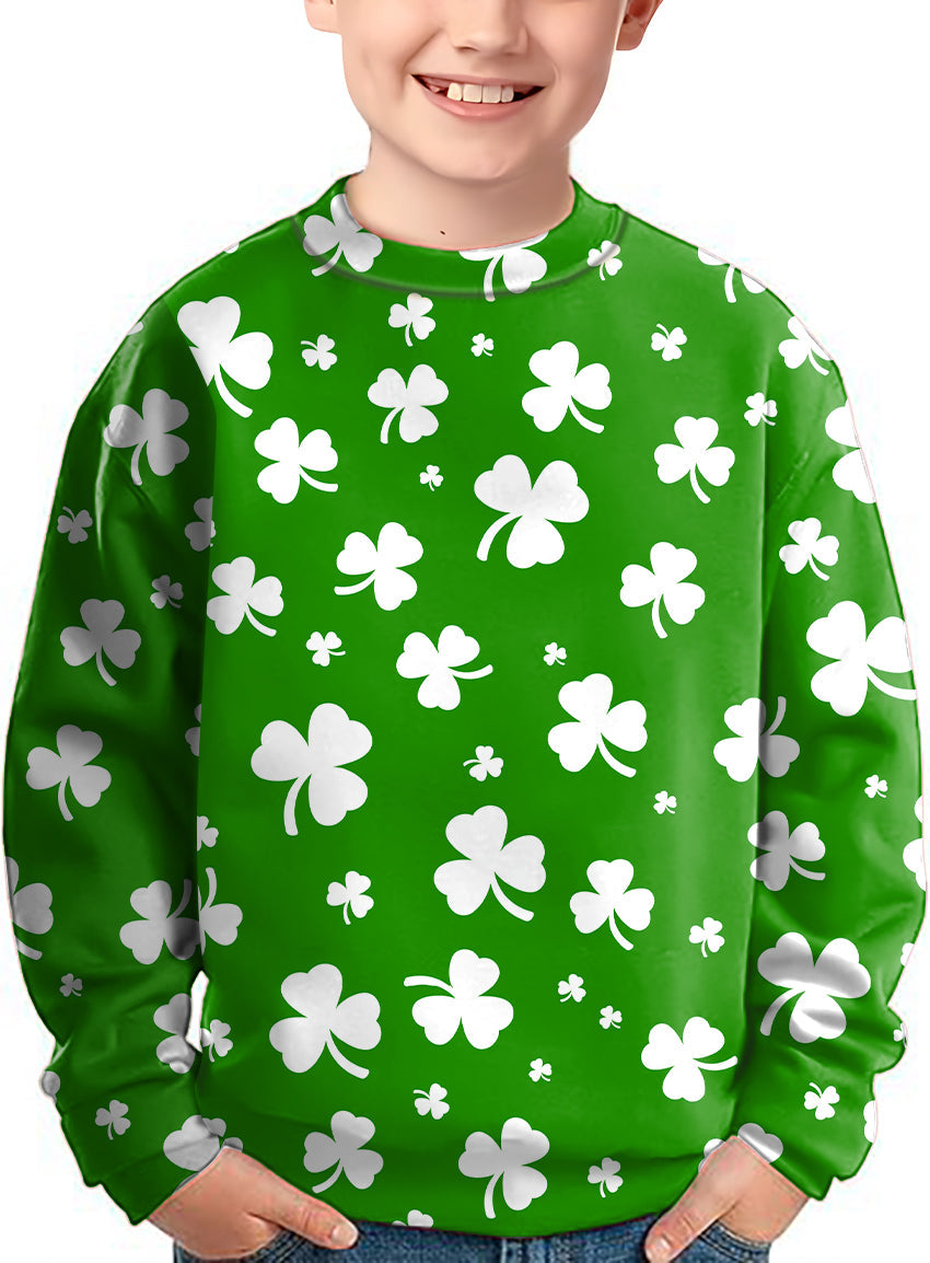 Kids green St. Patrick's Day crewneck pullover with white leaf clover pattern