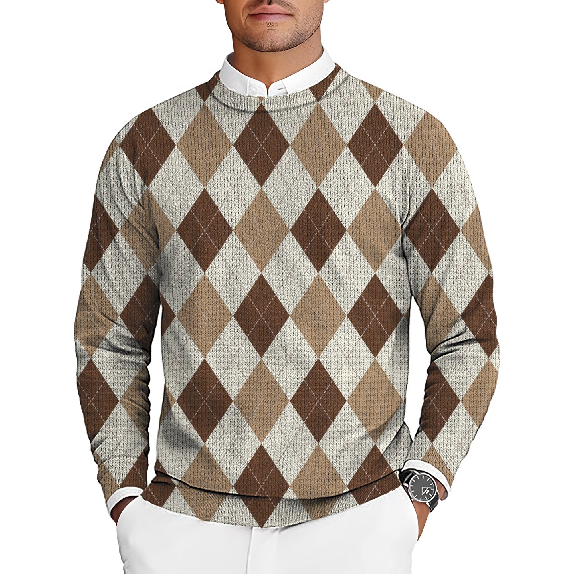brown Argyle men's golf crewneck pullover sweater with diamond pattern