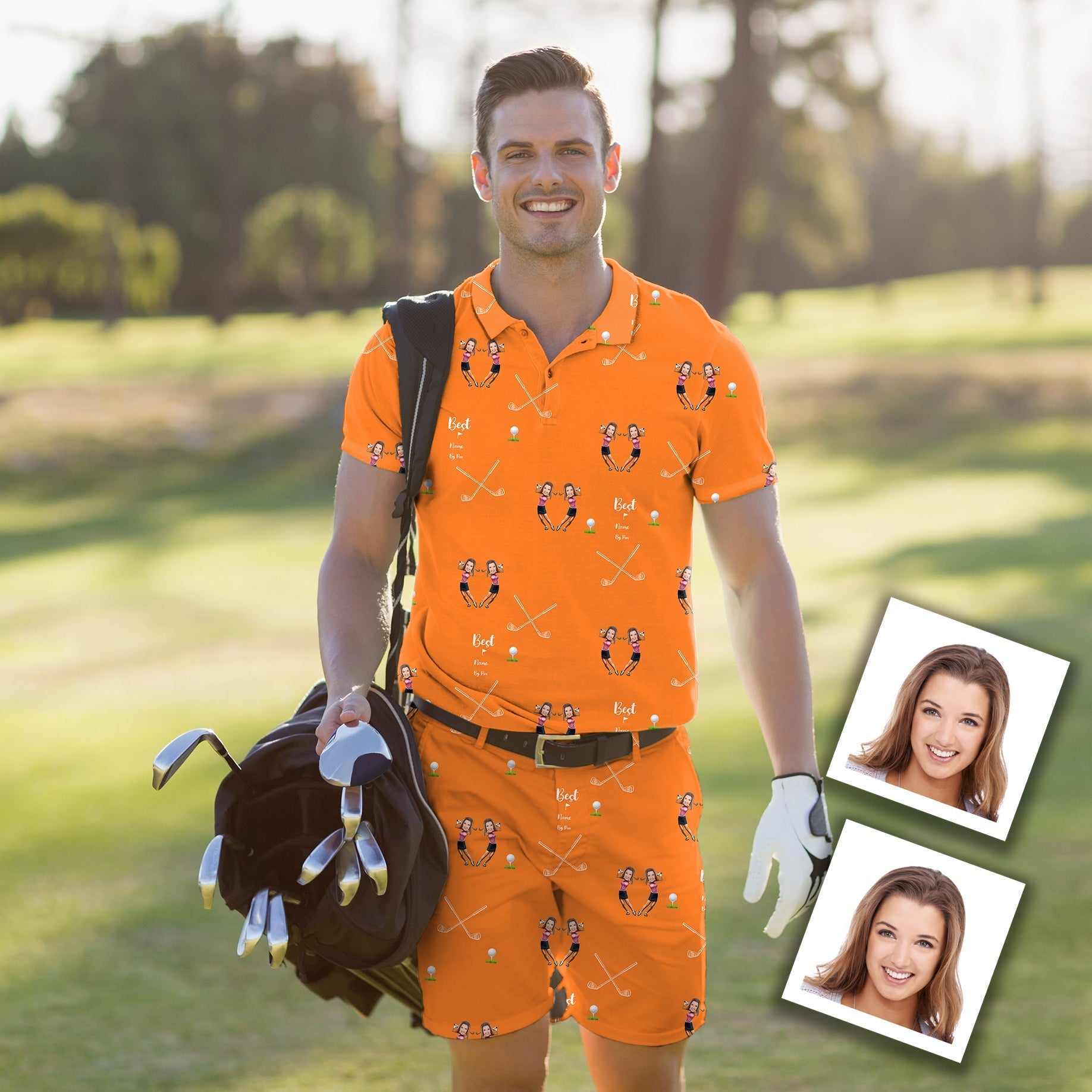 Man wearing customized bright orange men's golf set polo and shorts outdoors carrying golf bag with clubs and personalized sister photo and name design