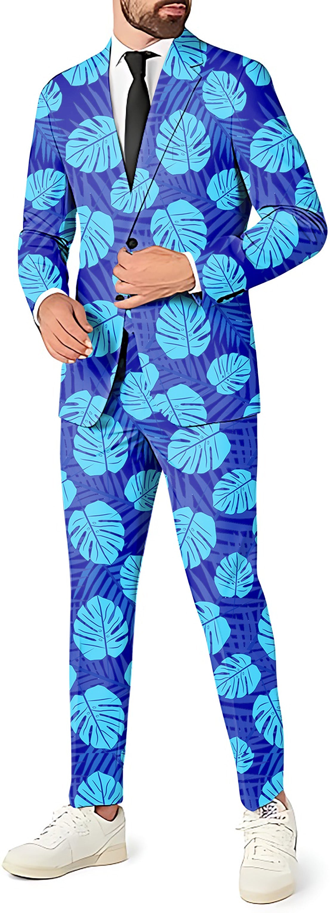 Aloha Havana Men's blue leaf print party suit with blazer, pants, and vest in slim fit style