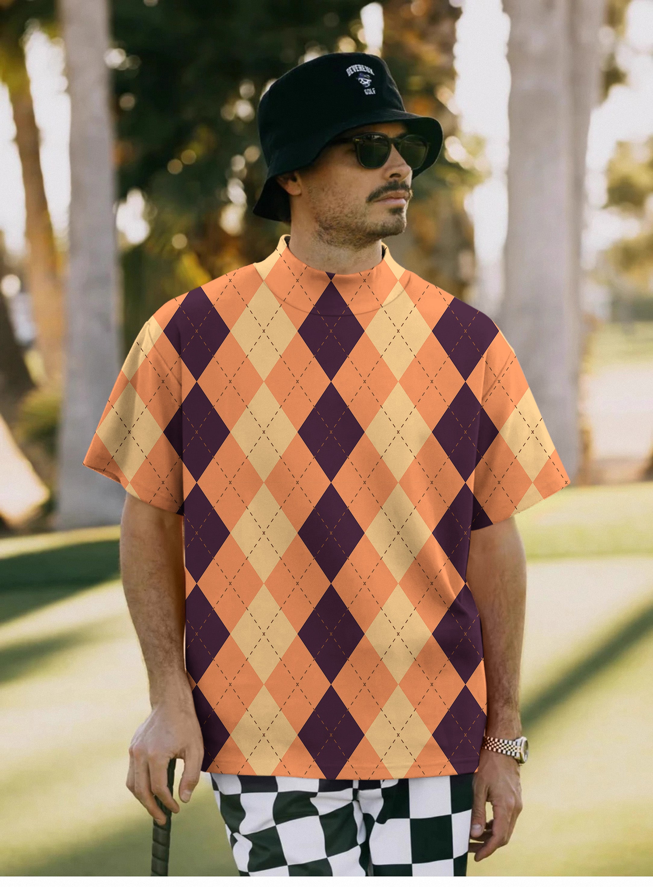 Men's Halloween Black Light Yellow Orange Argyle Pullover High neck Long/Short sleeve T-Shirt