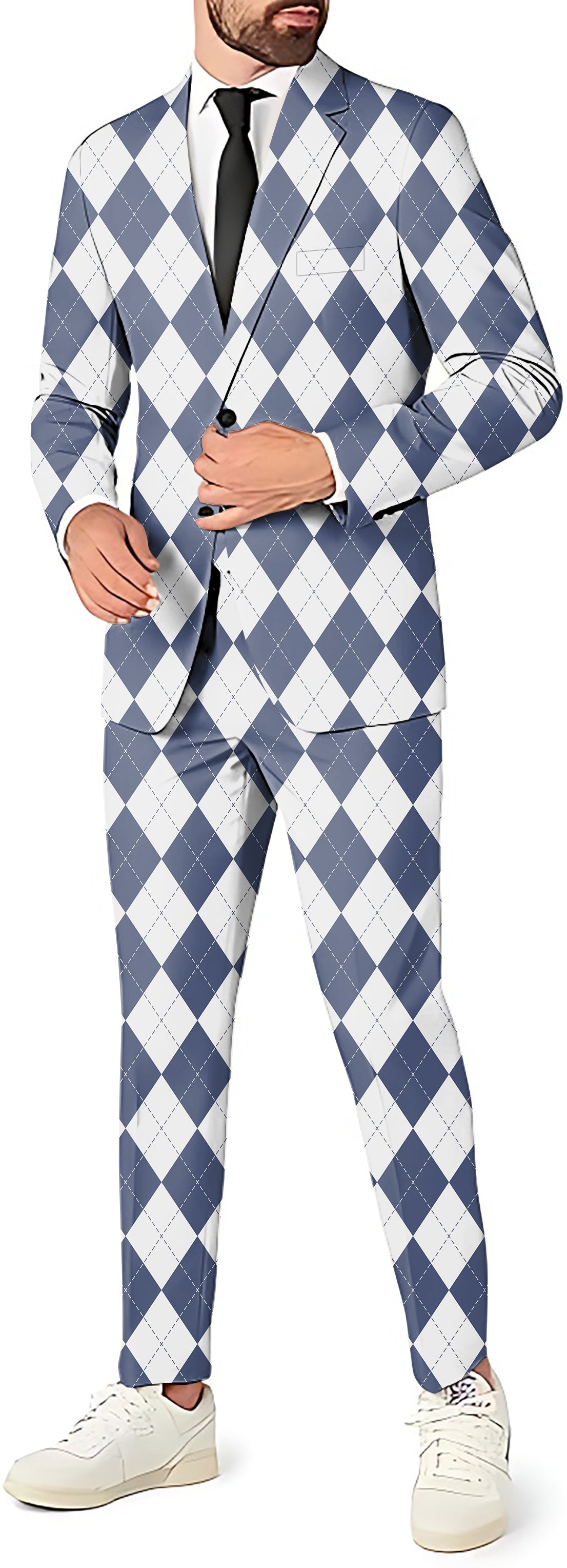 Blue diamond grid men's slim fit 3-piece party suit with blazer, pants, and vest
