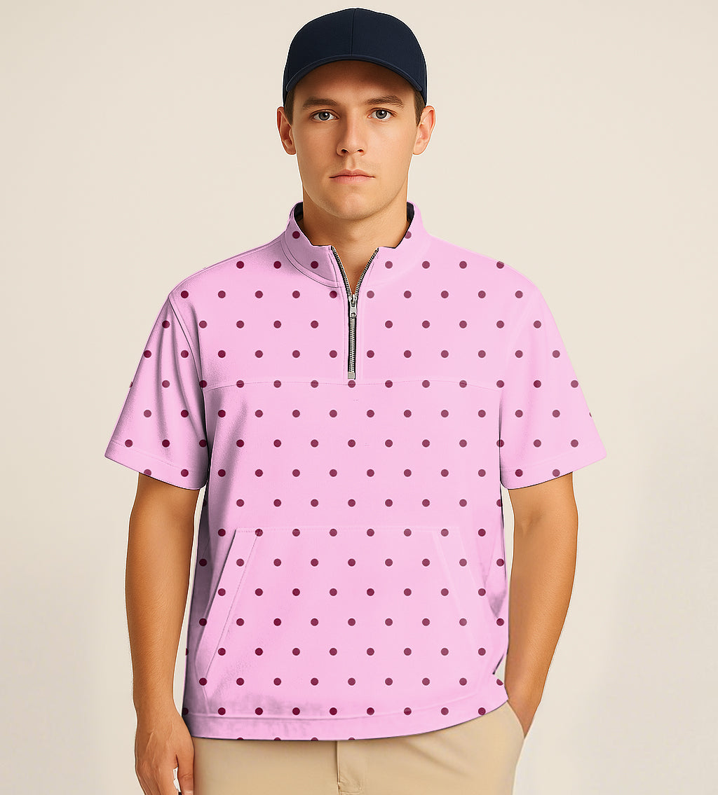 Men's Short Sleeve Quarter Zip Golf Pullover Pink Polka Dots Embroidery