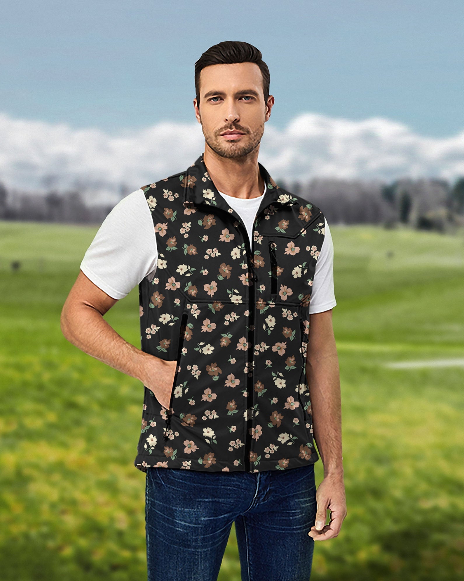 Men's black flower lightweight softshell vest sleeveless jacket for golf windproof waterproof