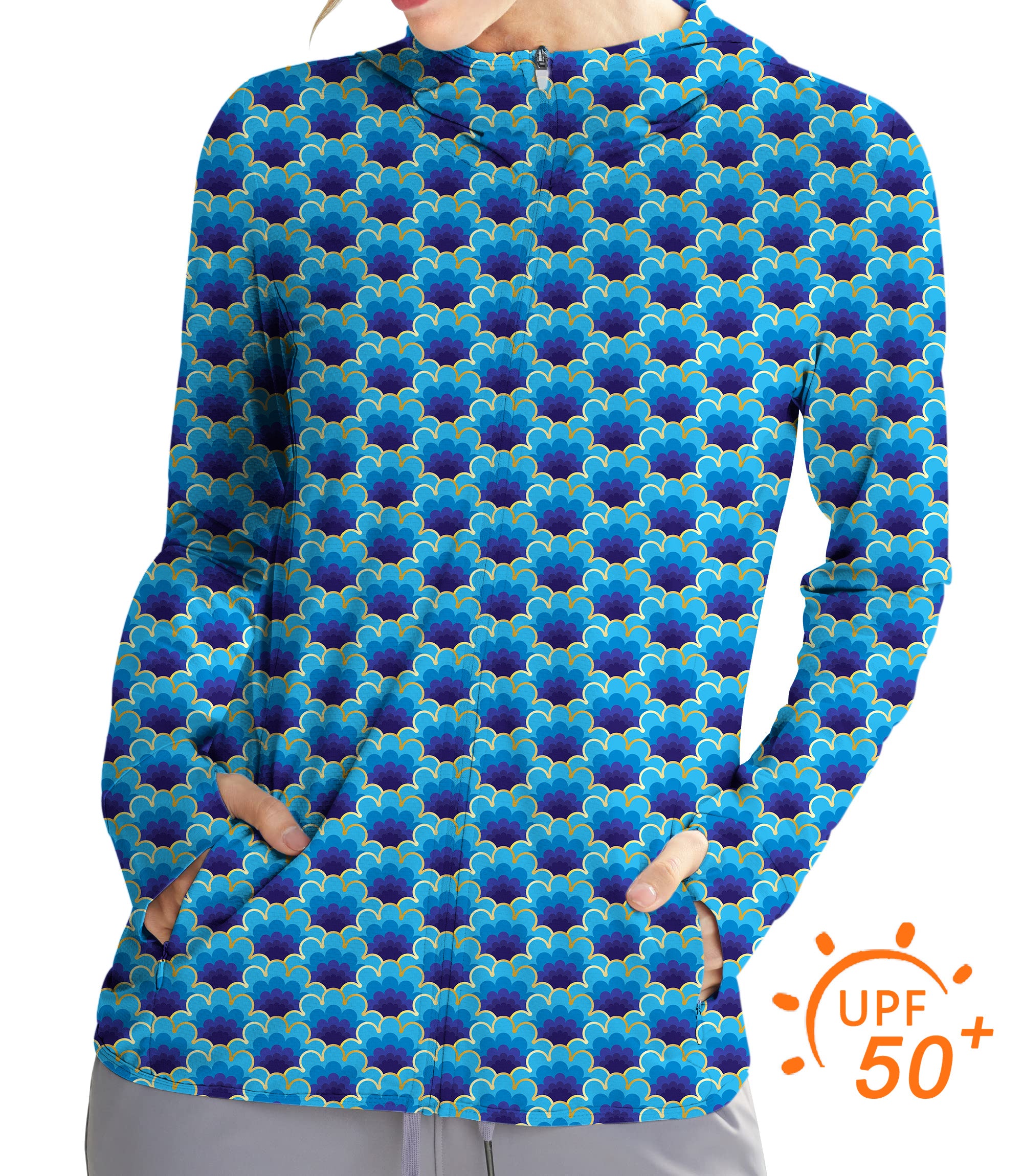 Women's Outdoor blue clouds with golden edge Golf Sun Protection Slim Fit zip hoodies