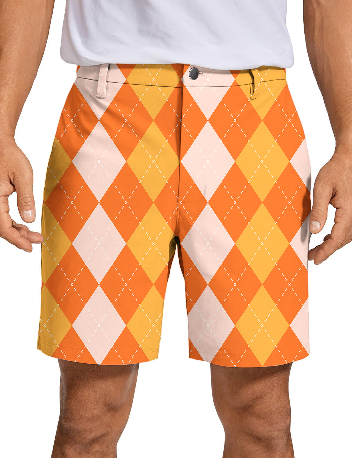 Men's Halloween orange apricot argyle golf shorts with quick-dry, breathable fabric and two-way stretch.