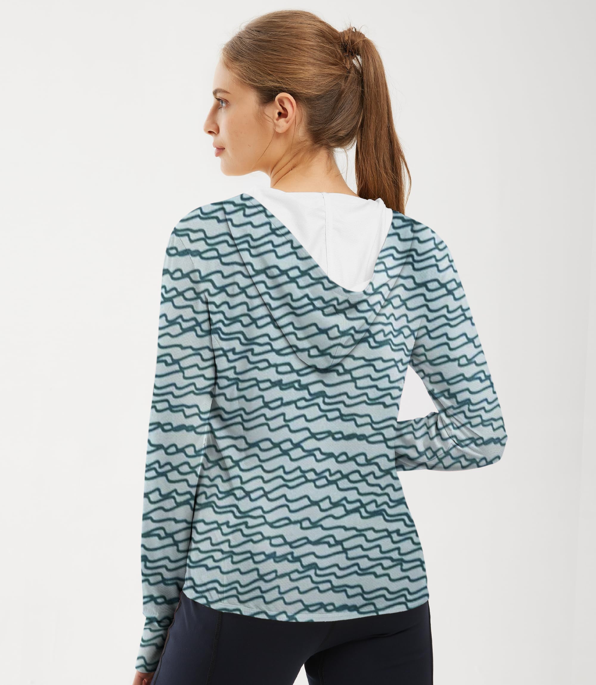 Women's outdoor green zip hoodie with irregular wavy line pattern for sun protection and slim fit