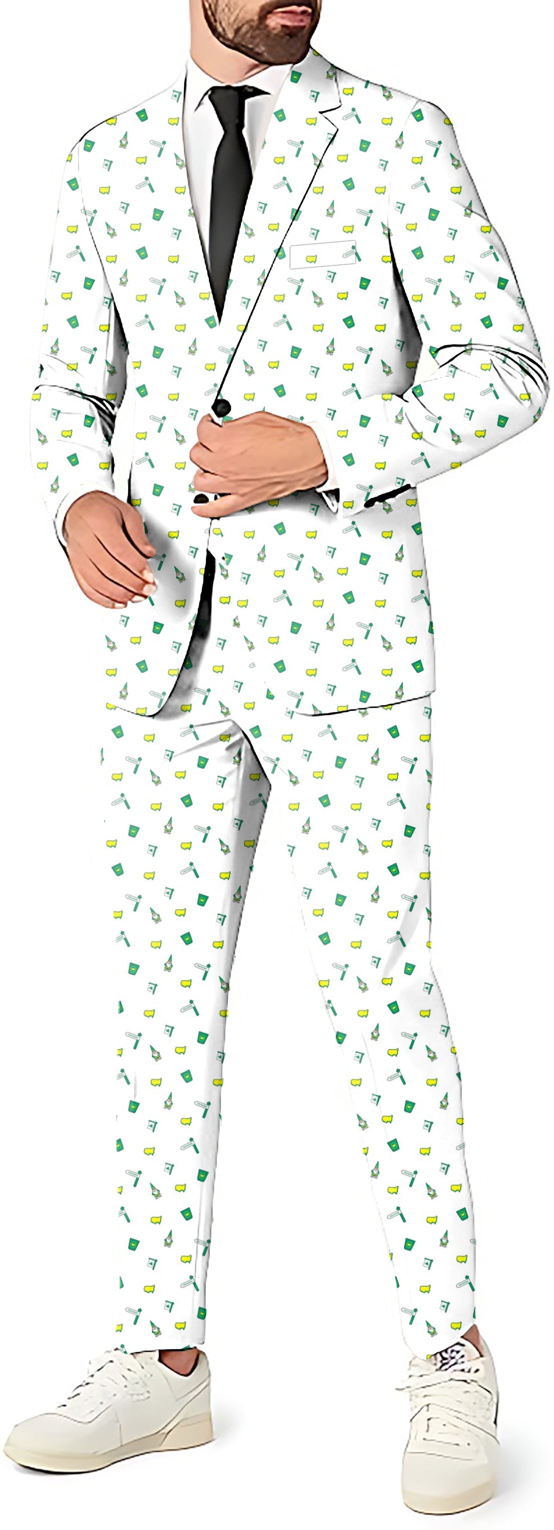 Master lightweight summer men's party costume suit with blazer, pants, and vest in white with green cocktail print