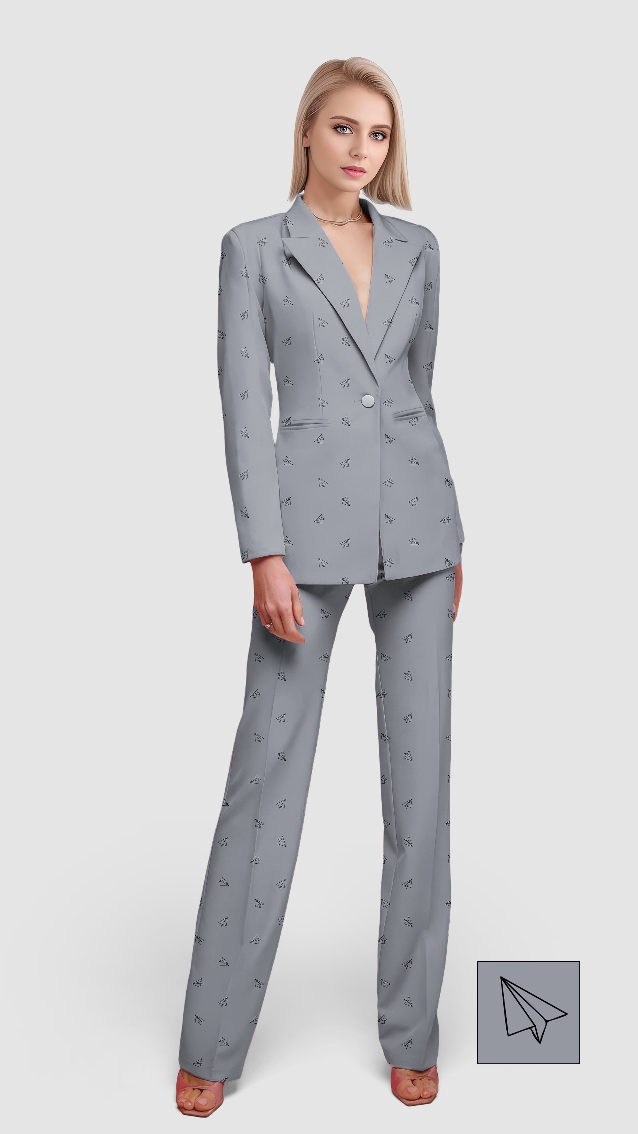 Women's grey paper airplanes custom blazer and trousers suit set for casual work and office wear
