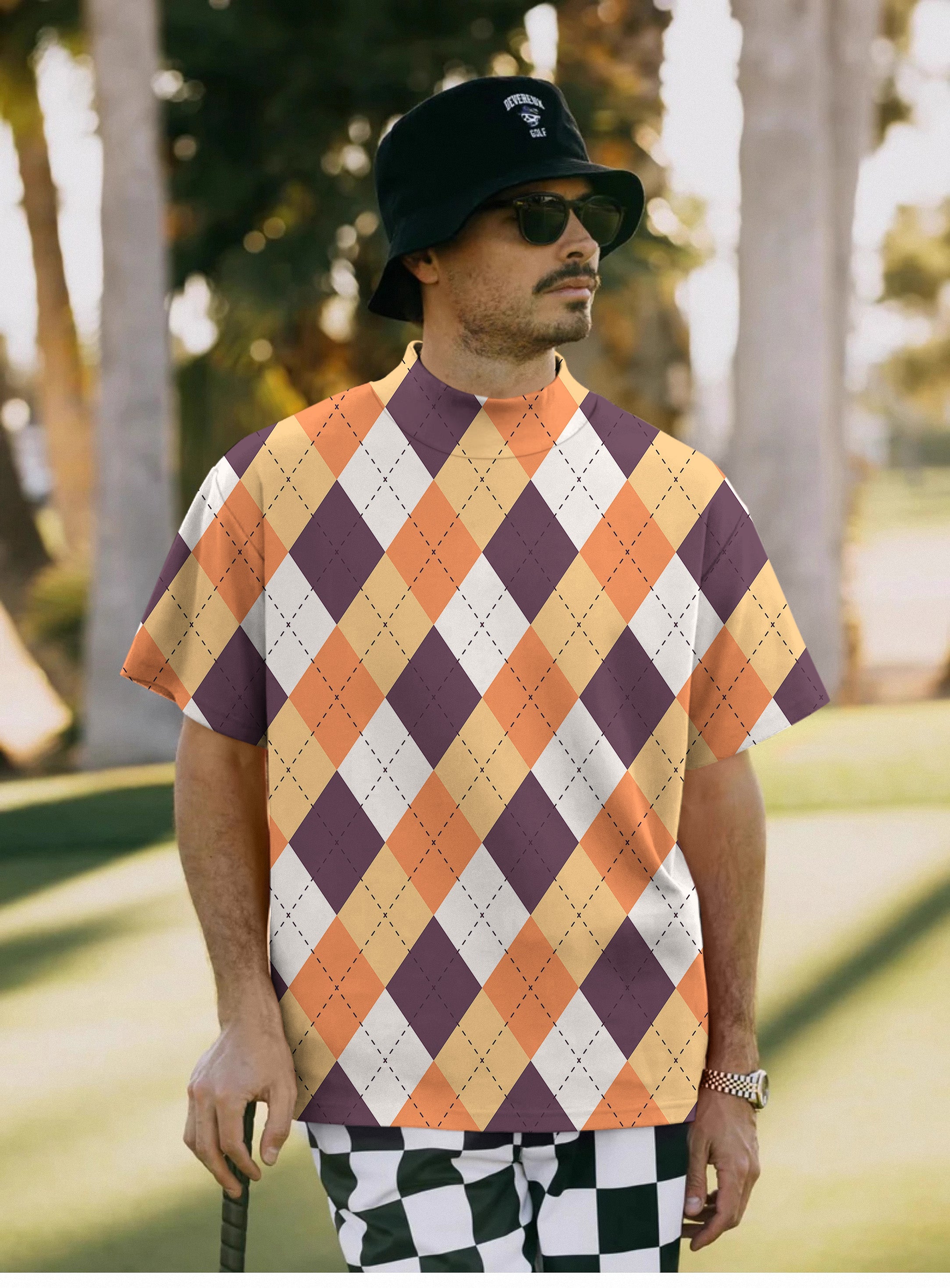 Men's Halloween orange white brown argyle pullover t-shirt with high neck and short sleeves