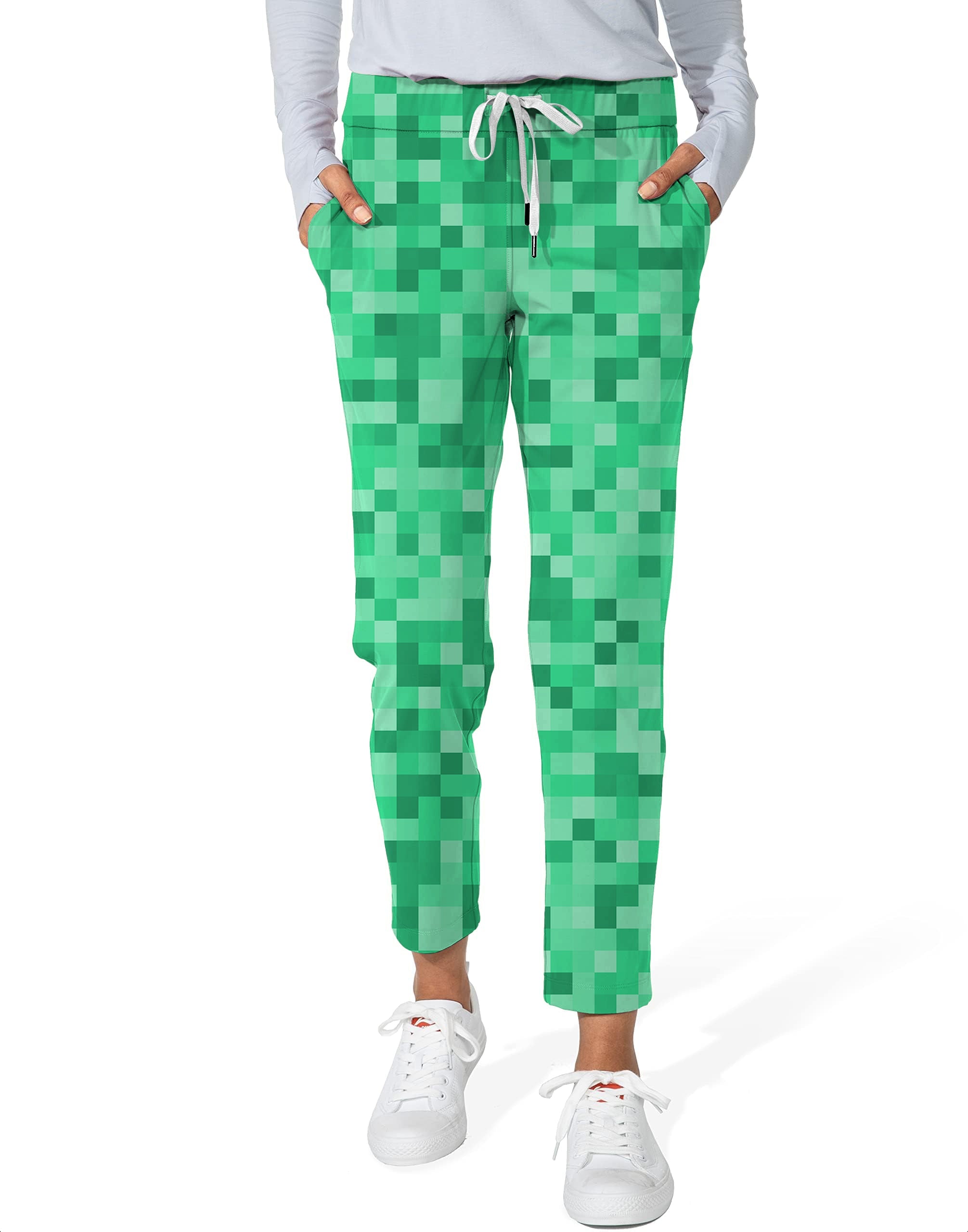 Green Pixel Big Women's 7/8 stretch ankle golf pants with pixel pattern