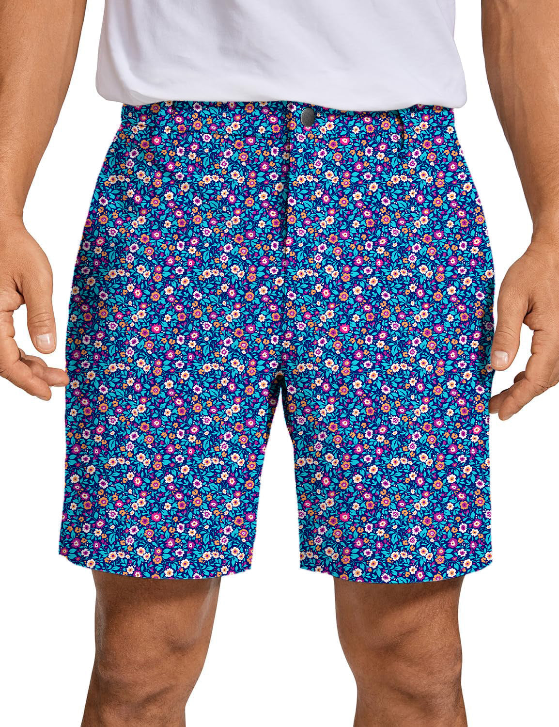 Men's dark floral golf shorts with vibrant blue and multicolor floral pattern, lightweight and quick-dry fabric.