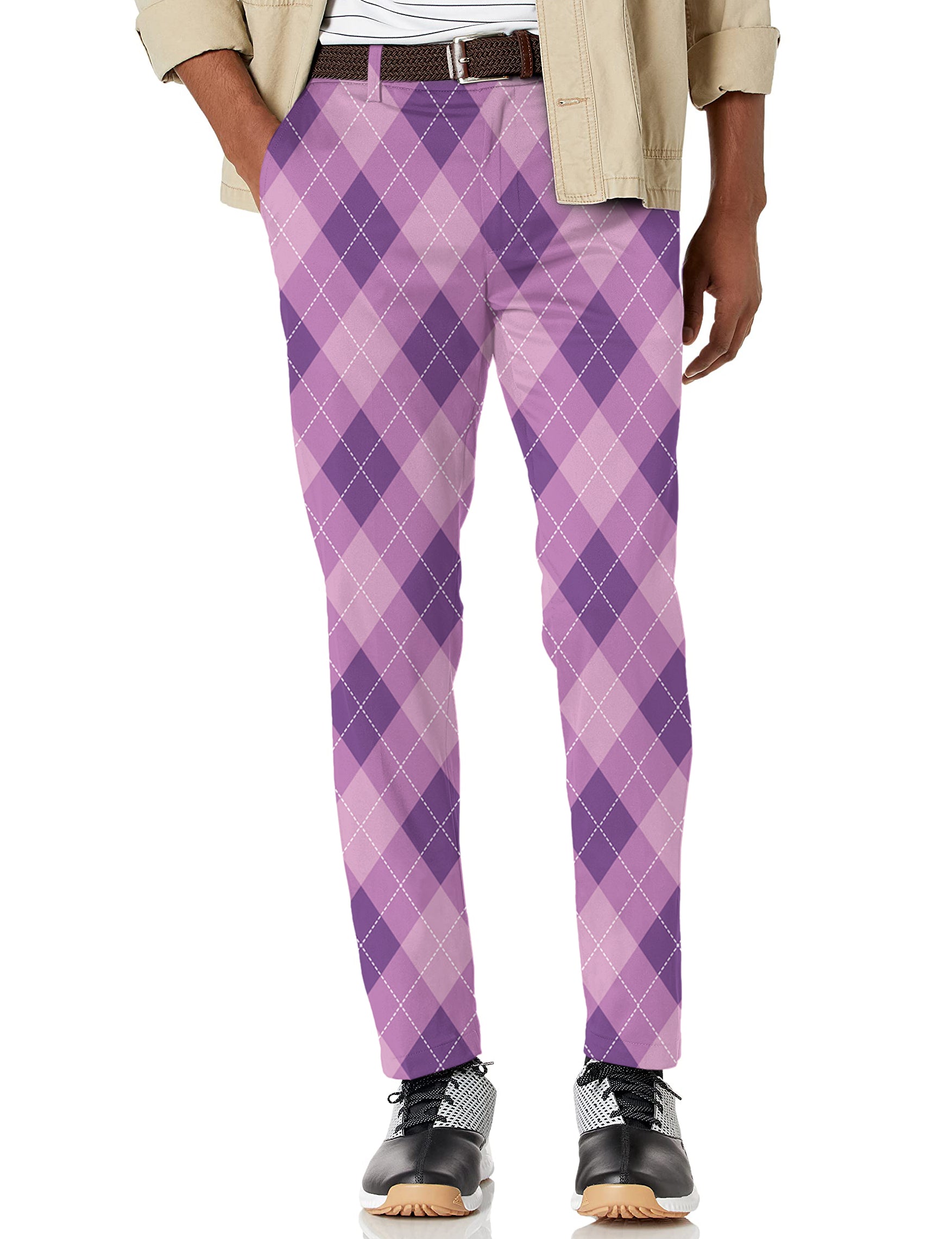 Men's purple Argyle stretch golf pants with moisture-wicking fabric and active waistband