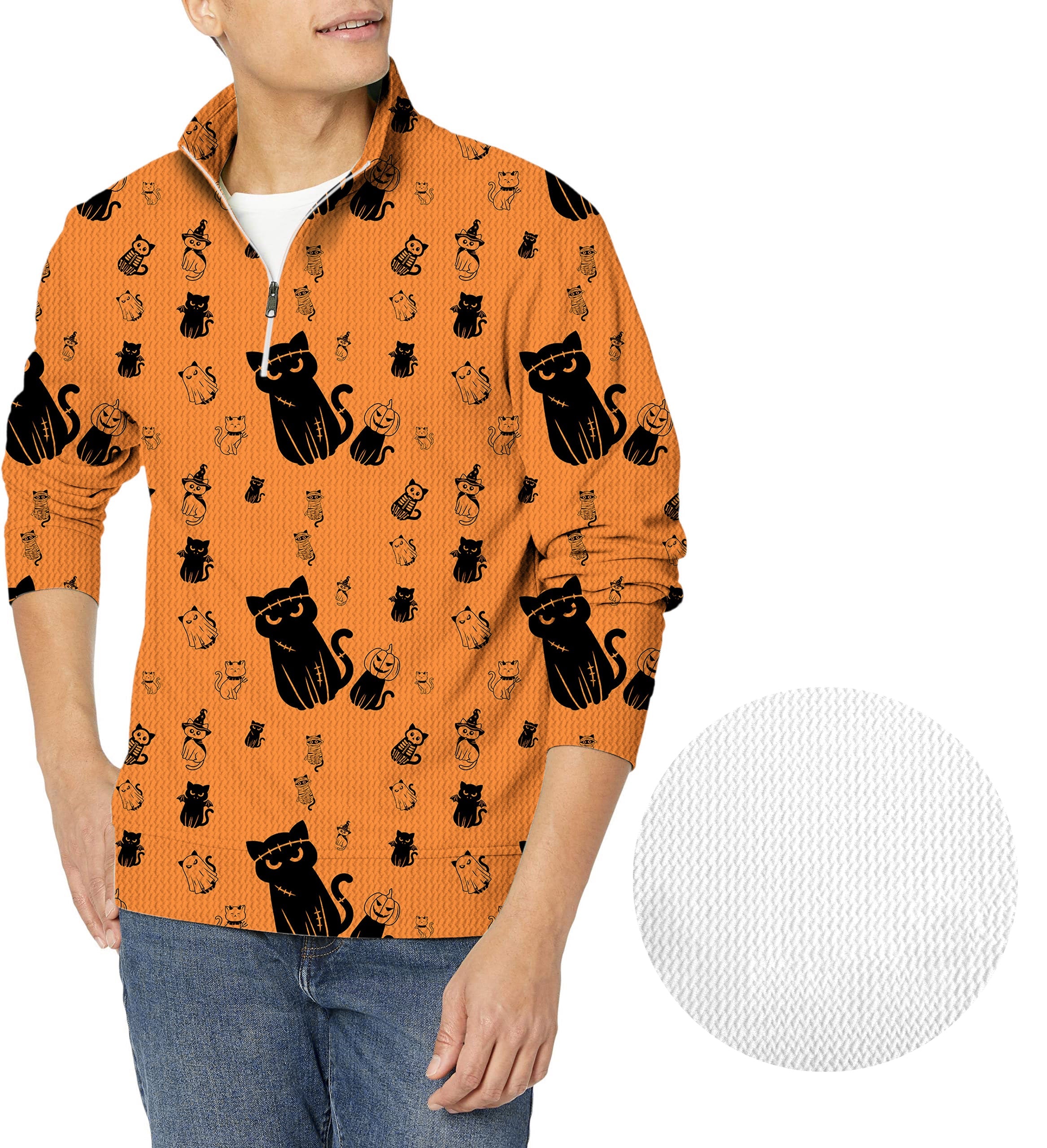 Men's Halloween cute cat orange golf waffle zipper pullover shirt with black cat patterns