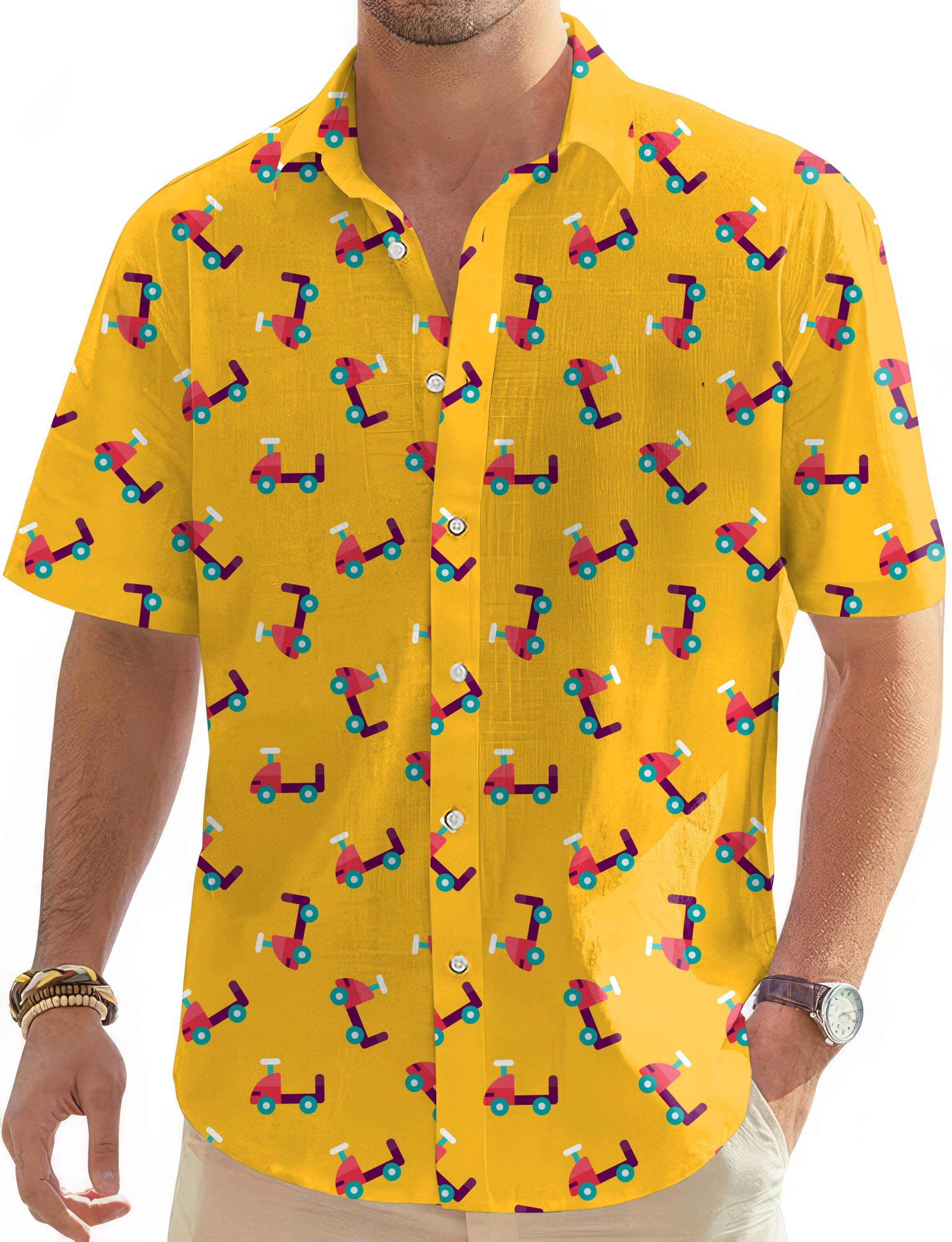 Men's Helicopter-themed yellow Hawaiian golf shirt with short sleeves and button-down collar