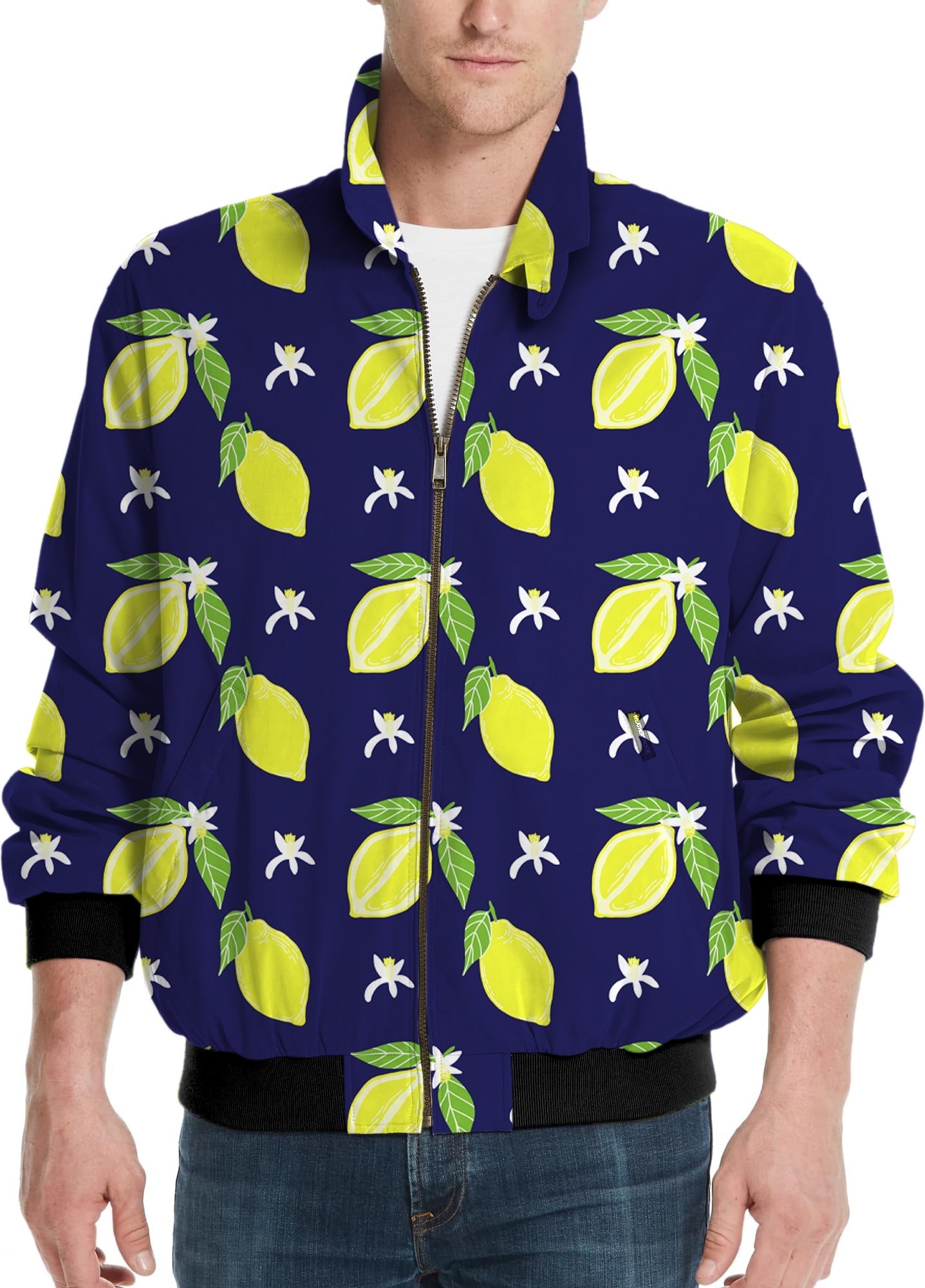 Men's golf windbreaker light jacket with zesty lemon print and customizable team logo options