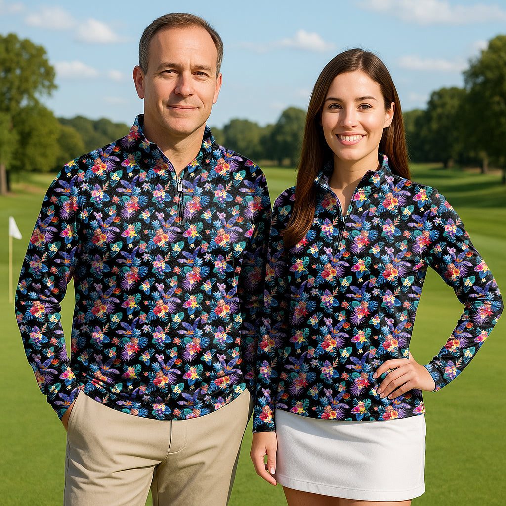 Pineapple Couple Golf active 3/4 zip tops with tropical floral print on a golf course
