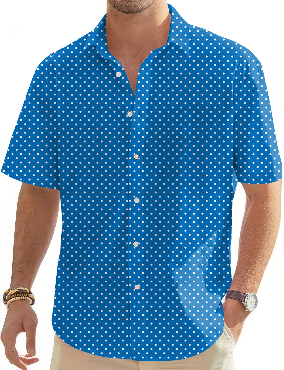 Sky blue with white polka dots Men's Golf Hawaiian Shirts Button Down Shirt