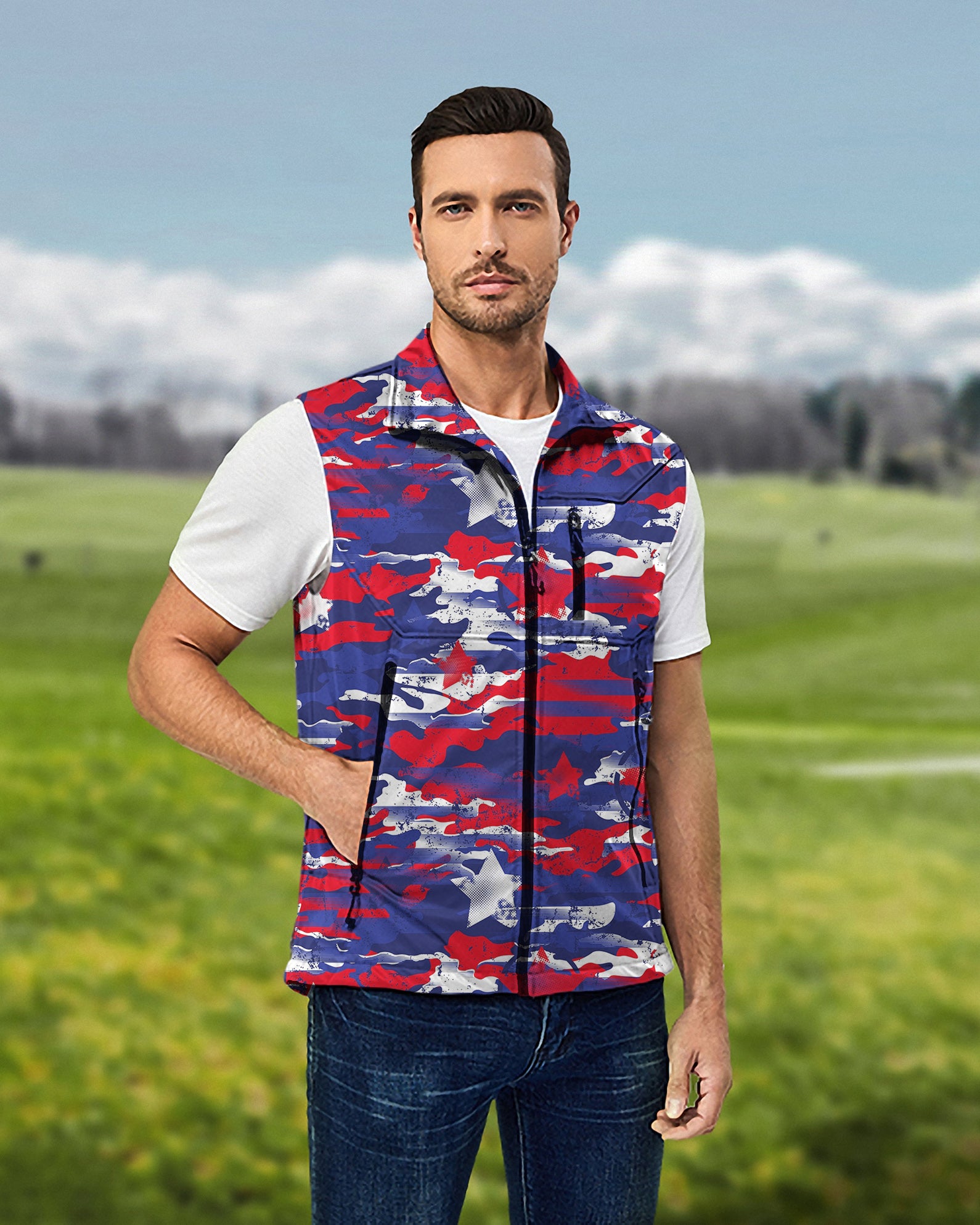 Men's USA camo Lightweight Softshell Vest Sleeveless Jacket for Golf Windproof Waterproof