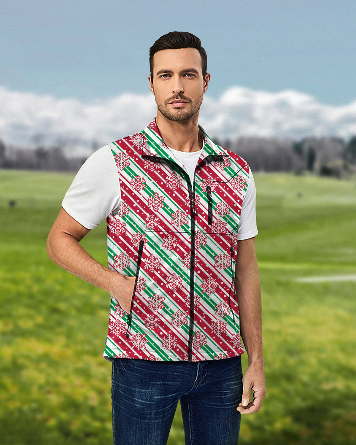 Men's Christmas Snowflake Lightweight Softshell Vest Sleeveless Jacket for Golf Windproof Waterproof