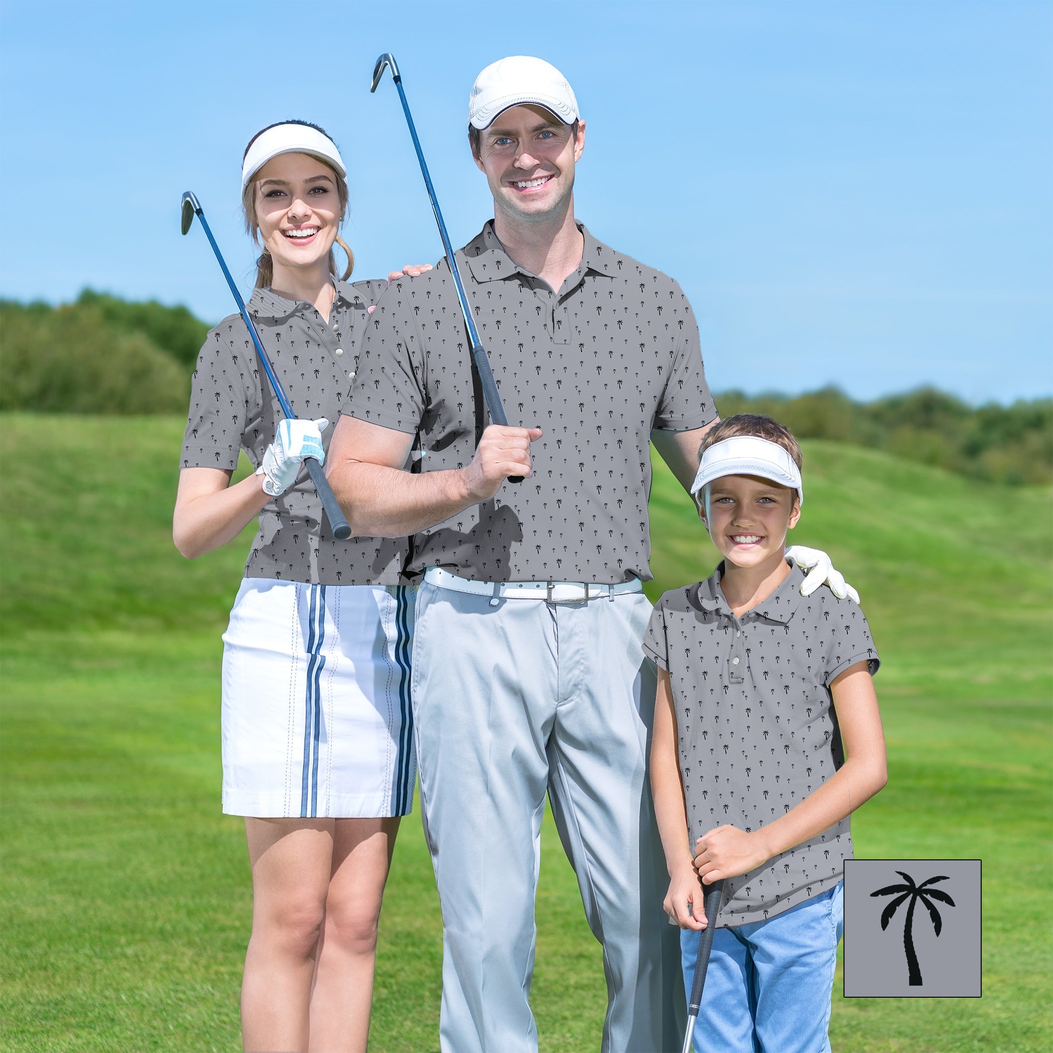 Family wearing matching custom Family Coconut Palm golf shirts on course