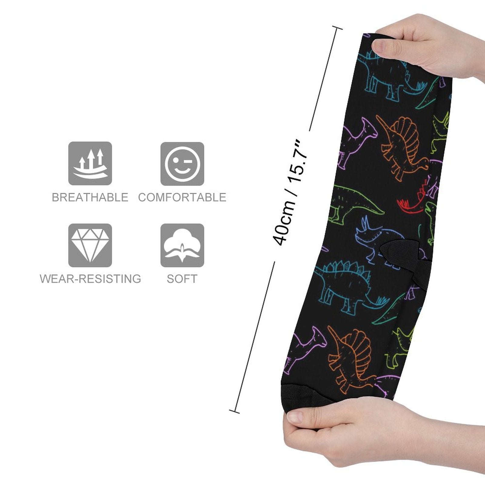 Electric dinos printed socks for men and women, breathable, soft, comfortable, wear-resistant crew socks with colorful dinosaur design, 40cm length, perfect gift idea