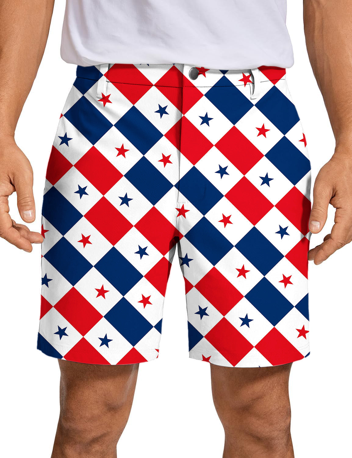 Men's Argyle US star flag golf shorts with red, white, and blue pattern, quick-dry and breathable fabric