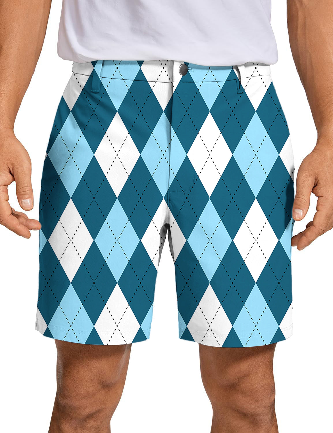 Men's diamond pattern moderate blue golf shorts with quick-dry, breathable fabric and two-way stretch