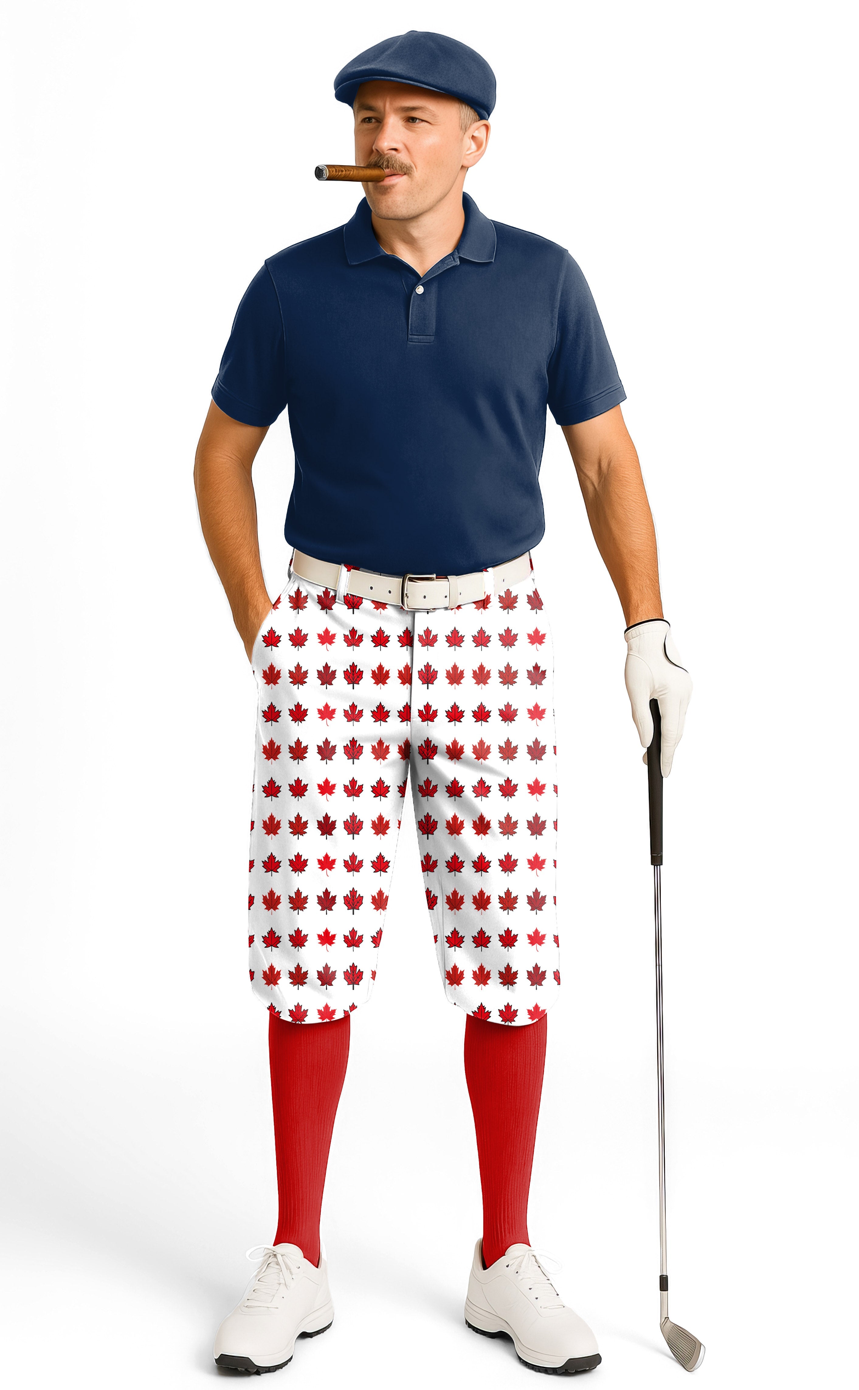 Men's golf knickers with Canada red maple leaves pattern, lightweight and wrinkle-resistant pants with adjustable Velcro waist