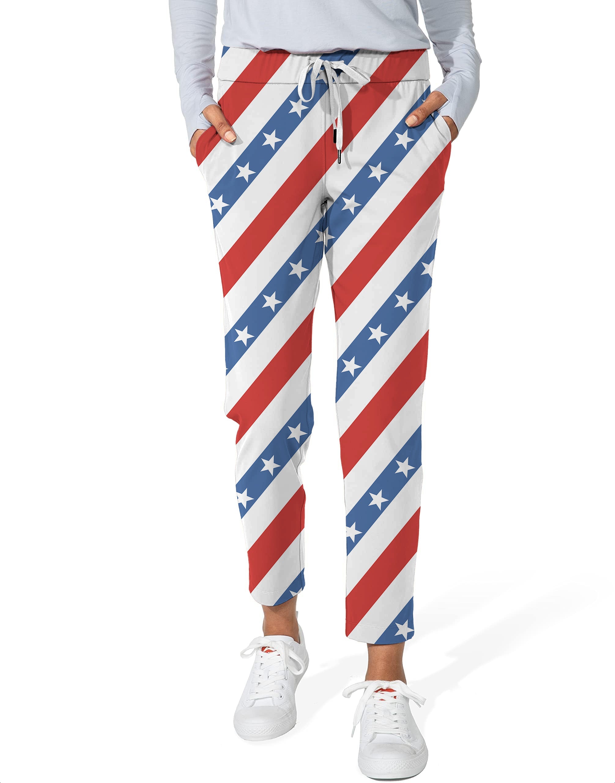Women's 7/8 stretch ankle golf pants with American President Day flag design and stars pattern