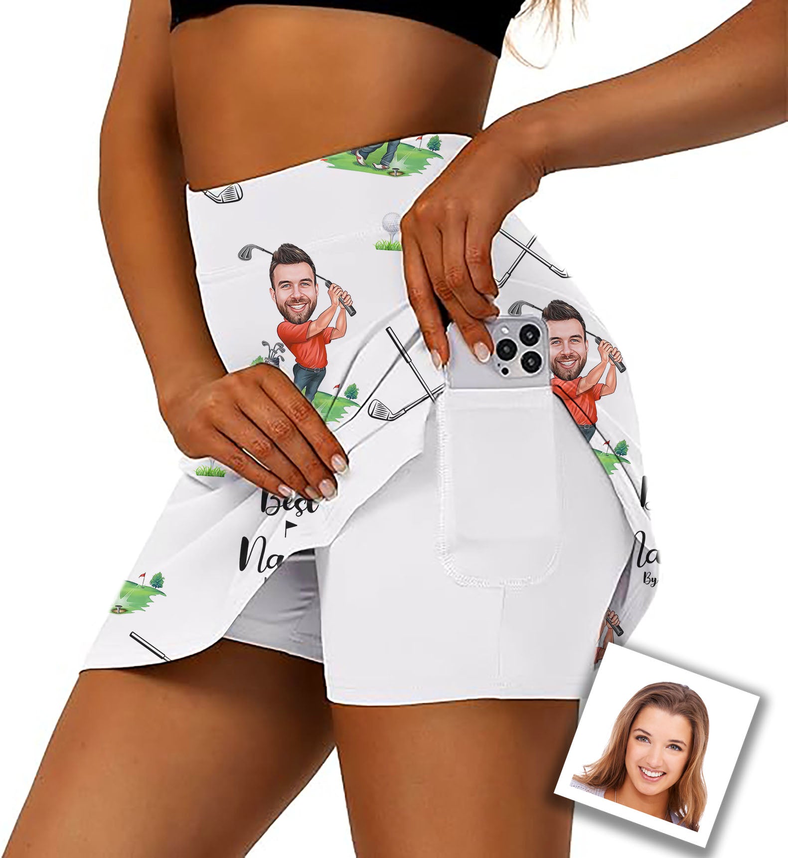Women's Custom Photo Face & Your Name Golf Skirts Inner Shorts Pocket
