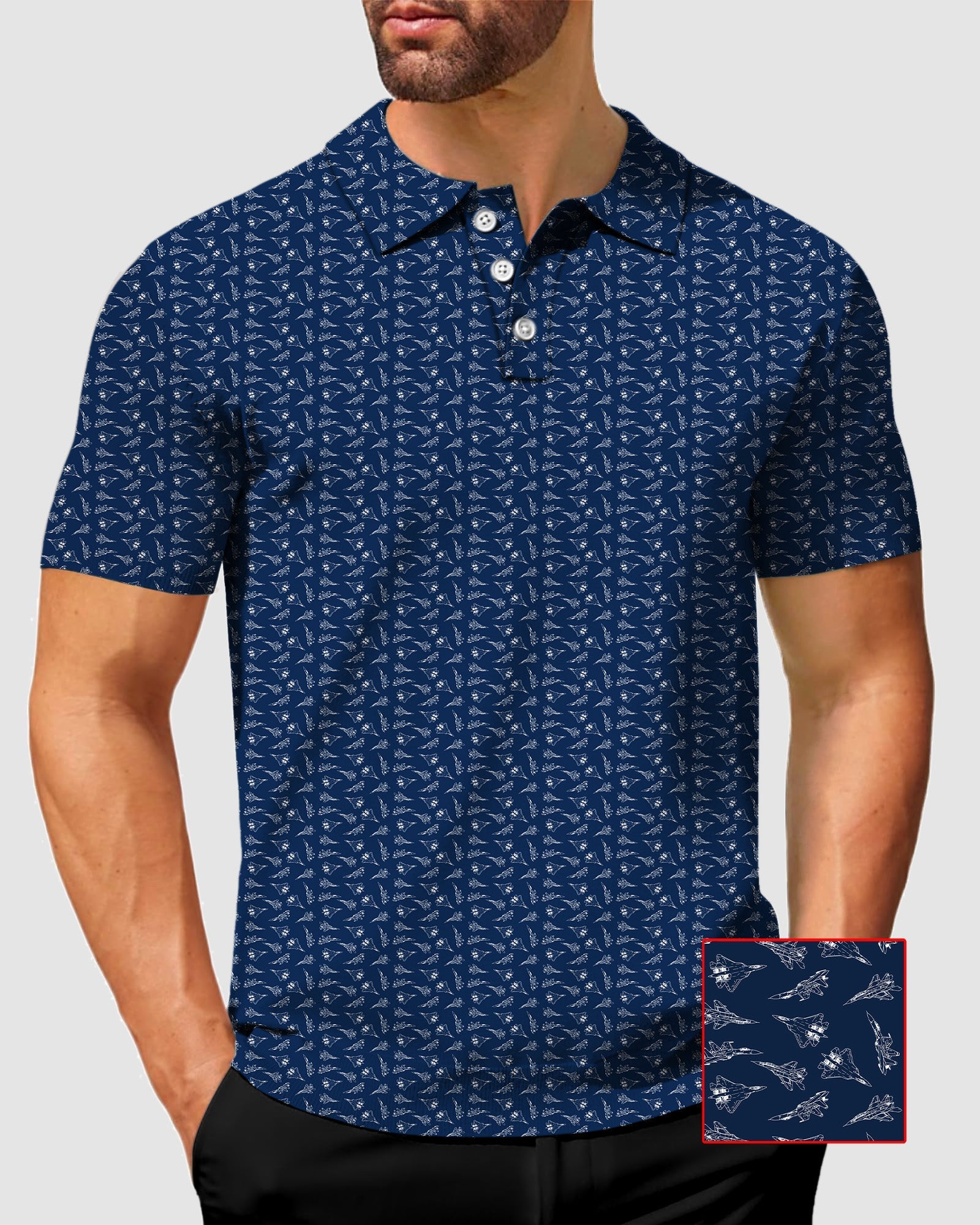 Men's Fighter Polo navy blue patterned shirt with four-way stretch and wrinkle-resistant fabric