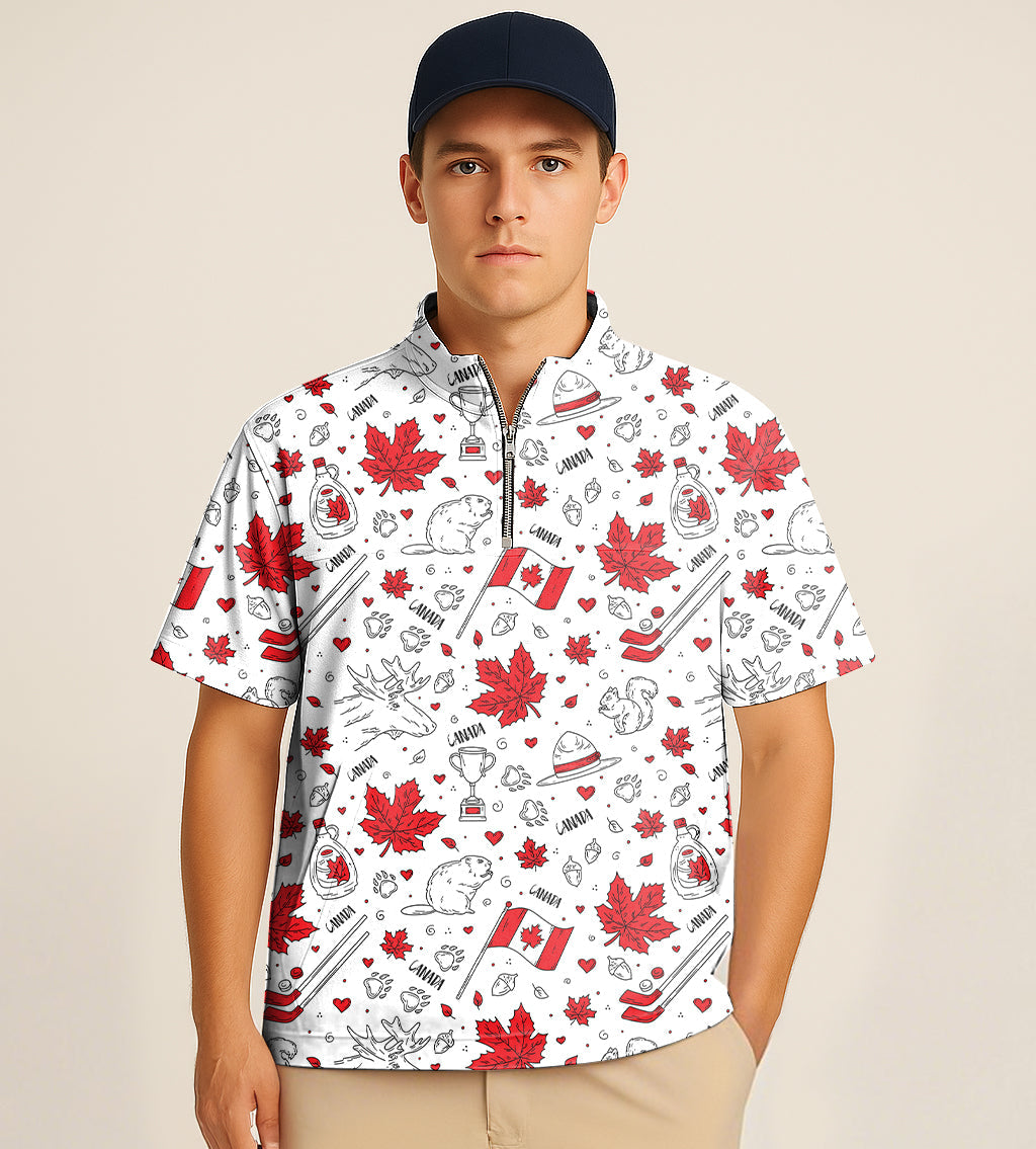 Men's half zipper turtleneck golf shirt with Canadian balloon squirrel and maple leaves embroidery