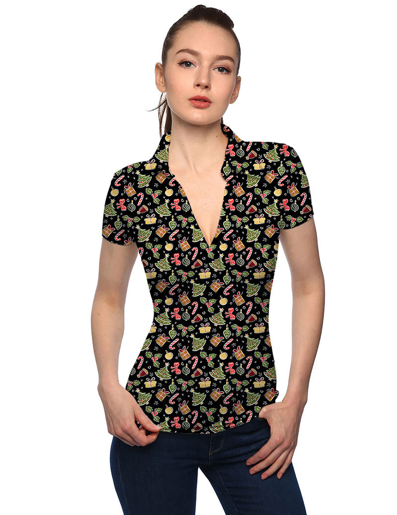 Women's Merry Christmas gift V-neck golf polo shirt with festive pattern and stand collar, stylish and comfortable for sports and daily wear