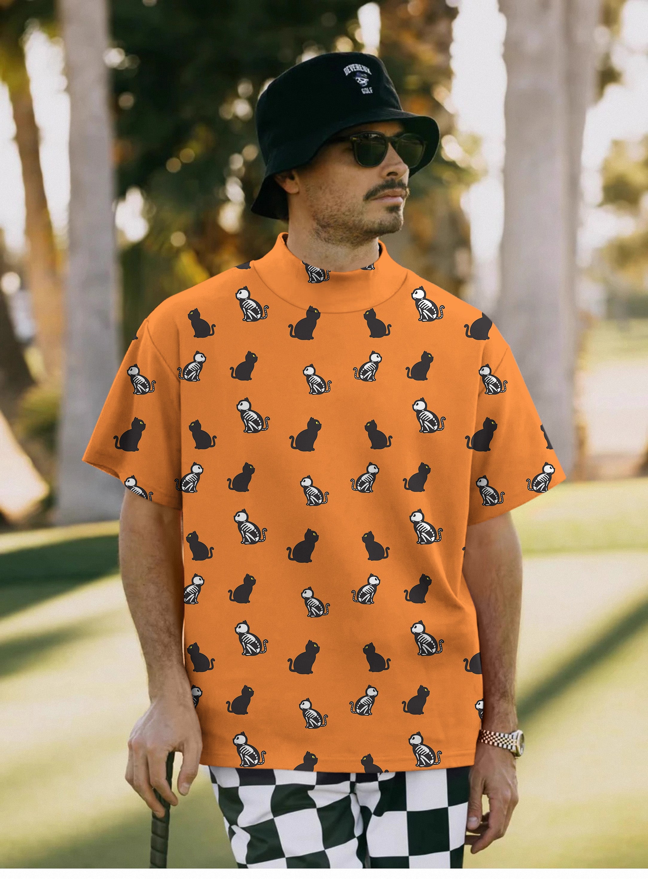 Men's Halloween Skull cat print orange pullover T-shirt with high neck and short sleeves