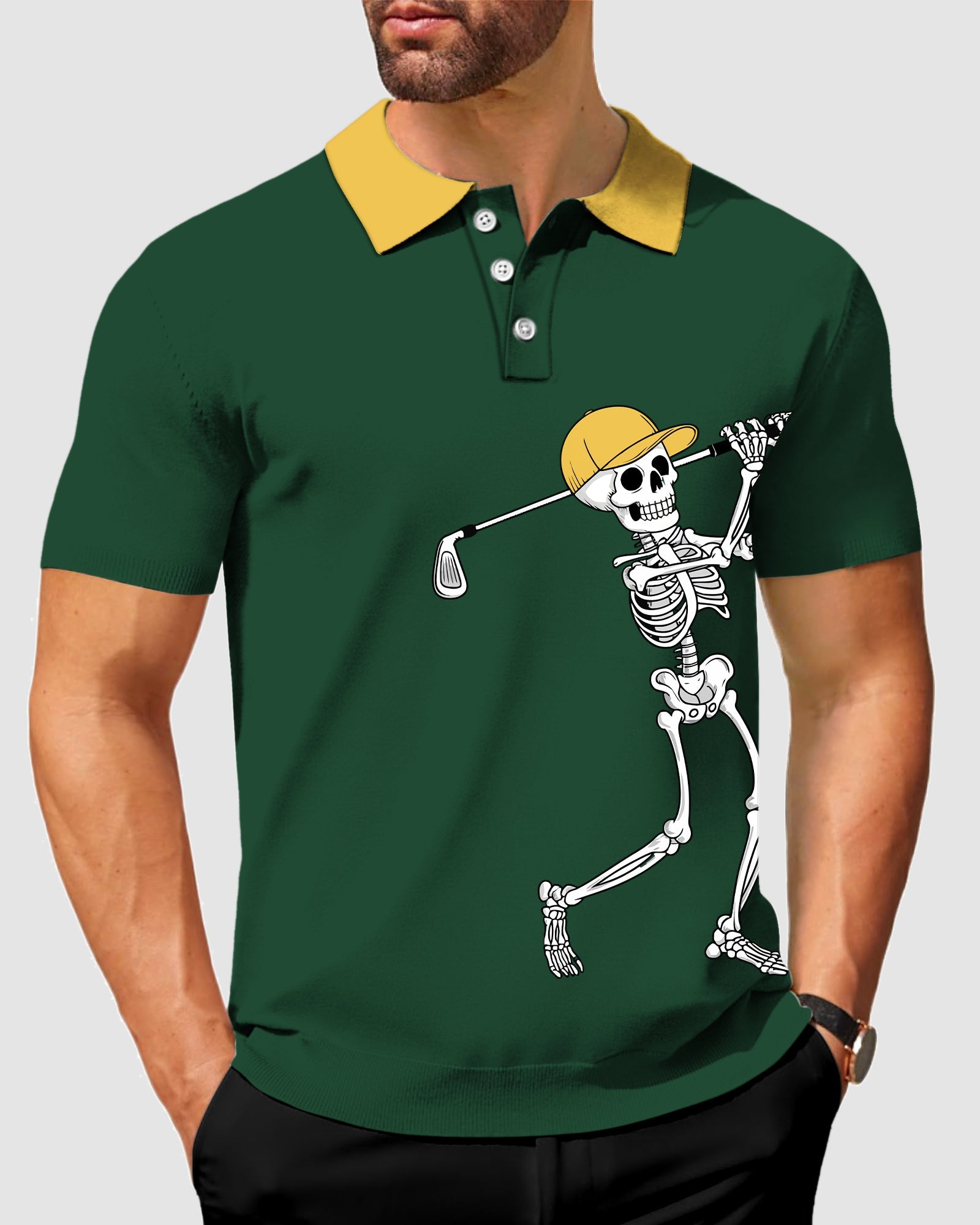 Men's yellow green Halloween skeleton golf polo with custom options and moisture-wicking fabric