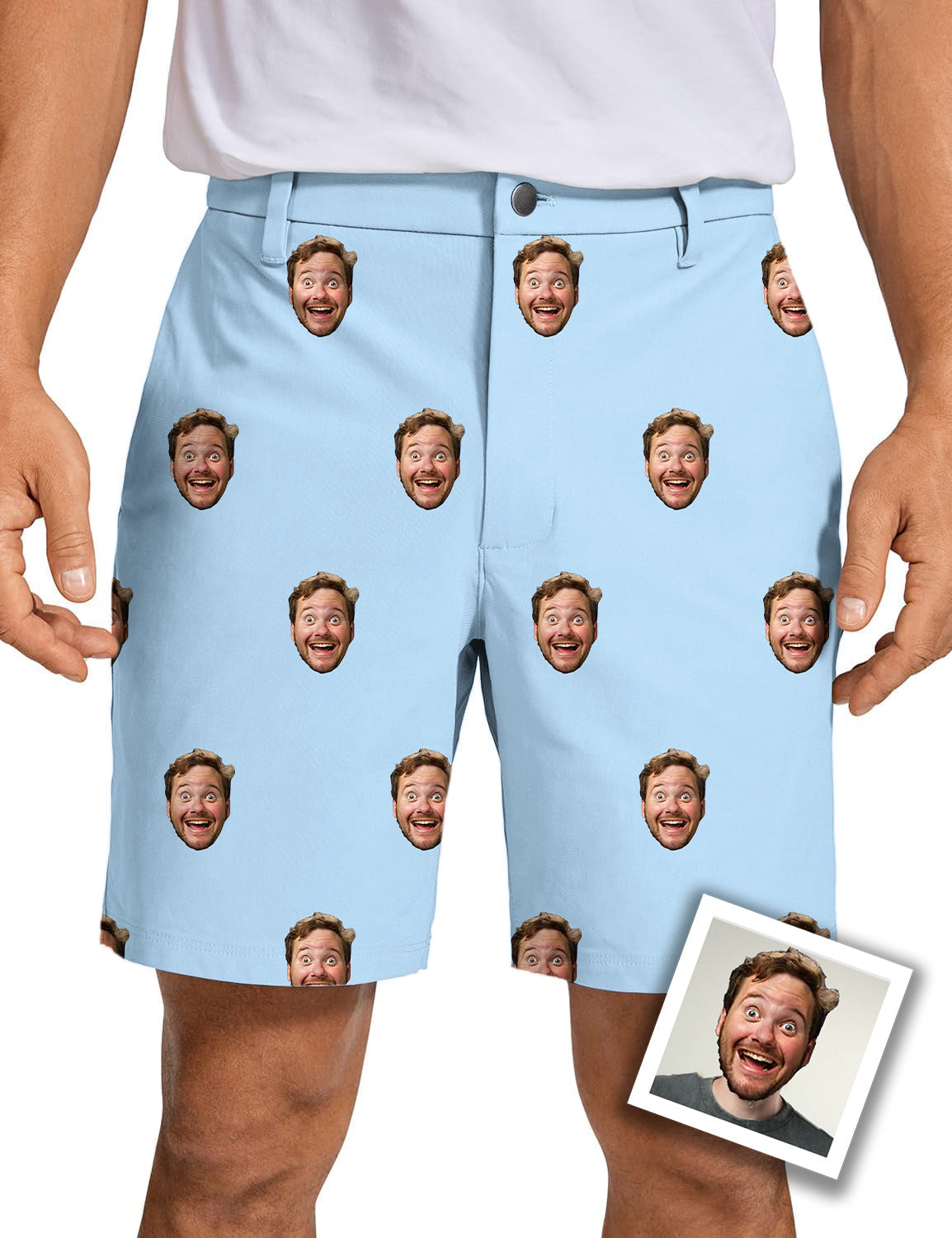 Men's custom photo funny face golf shorts in light blue with personalized printed faces, quick dry and lightweight fabric.