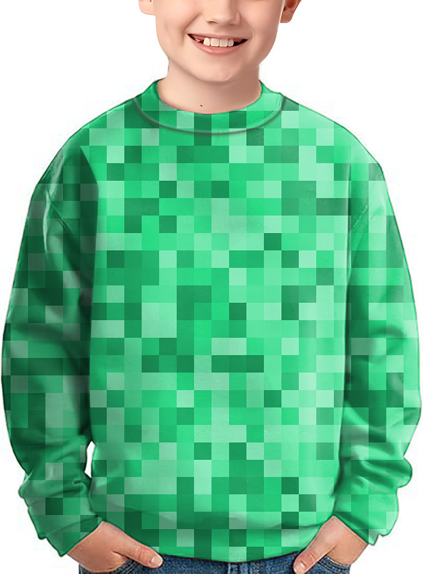 Green Pixel Big Crewneck Pullover Kids Ugly Sweater