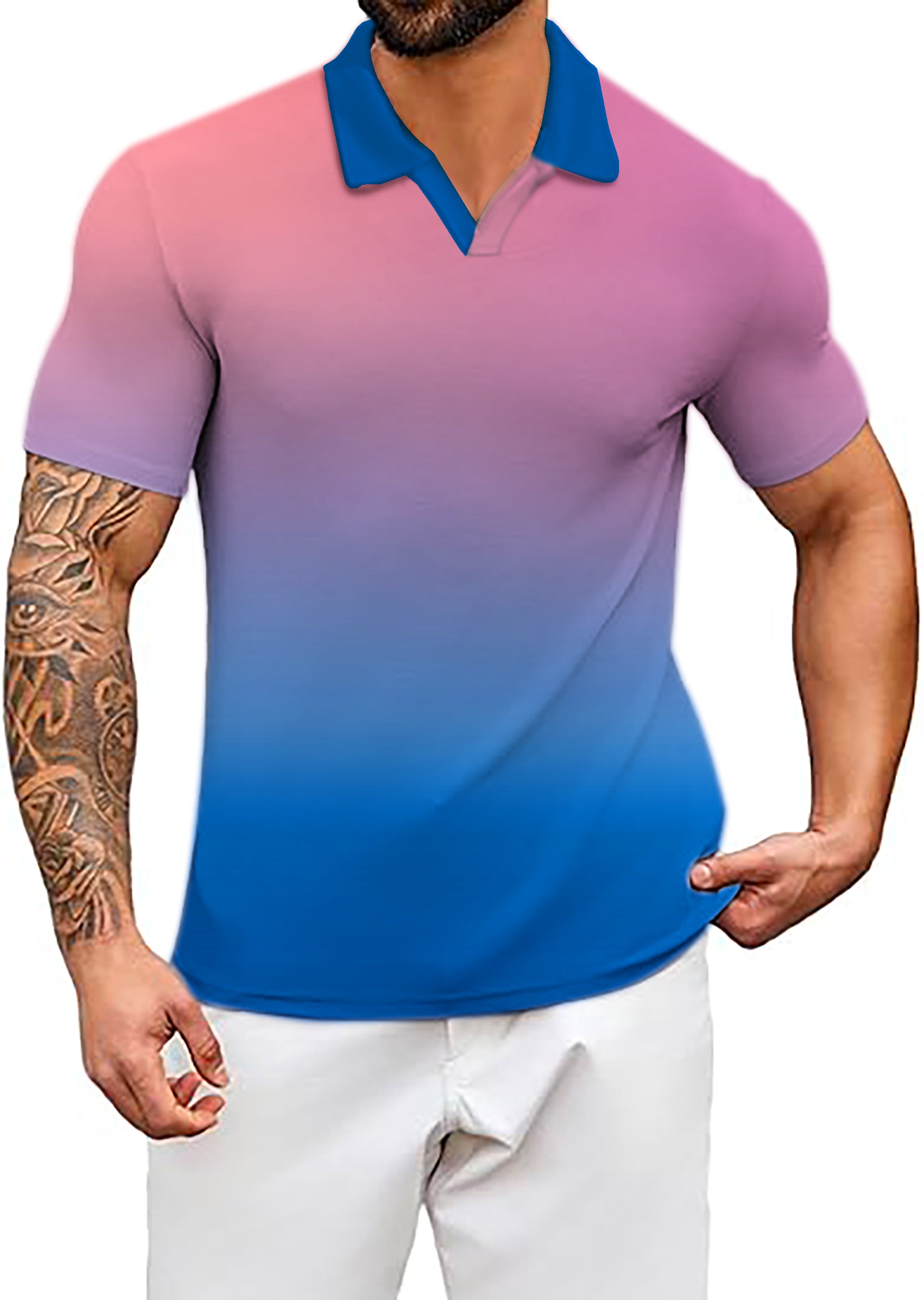 Men's Blue-Pink Gradient V Neck Golf Polo Shirts