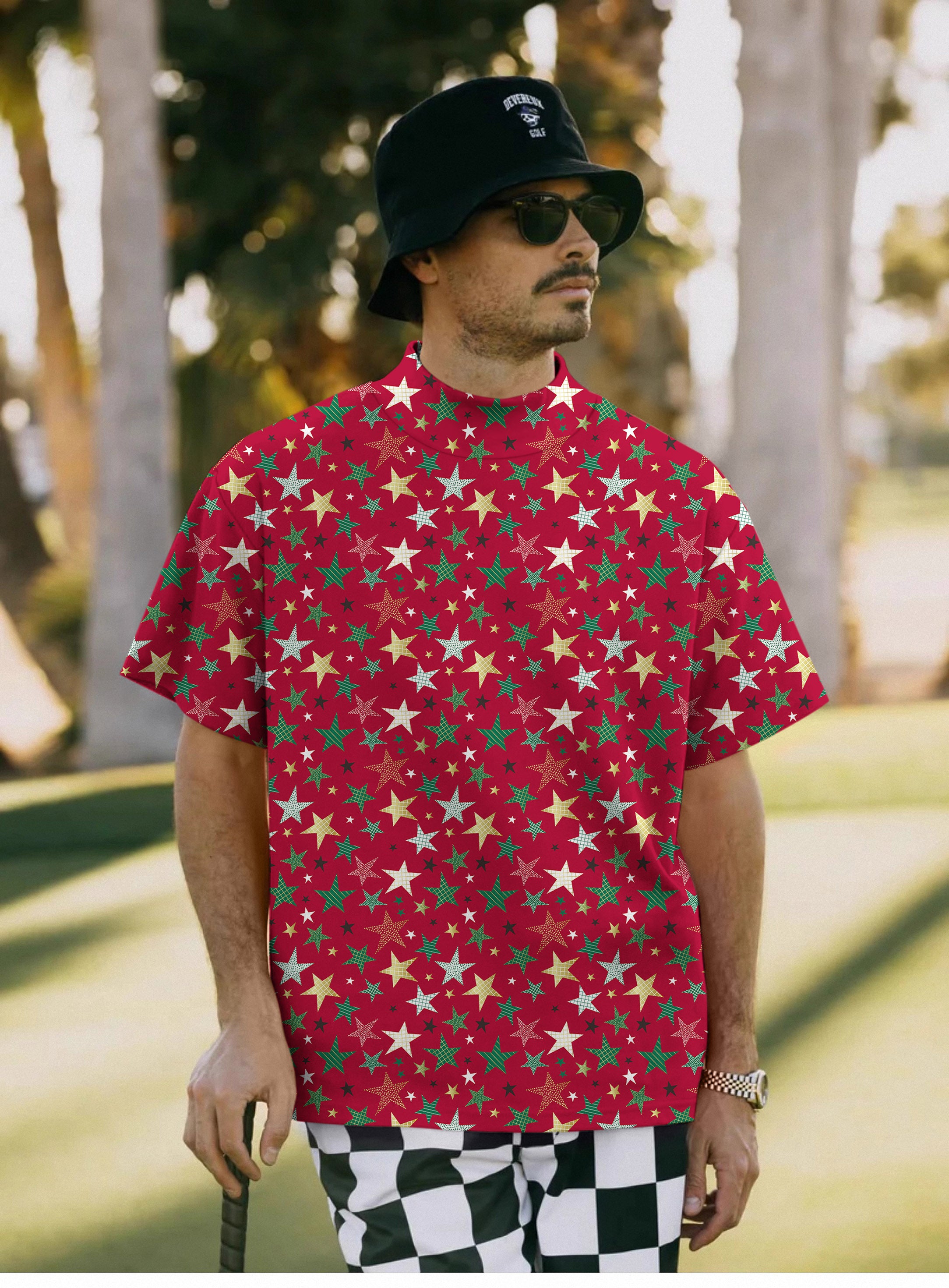 Men's Colorful Stars Christmas Pullover High neck Long/Short sleeve T-Shirt