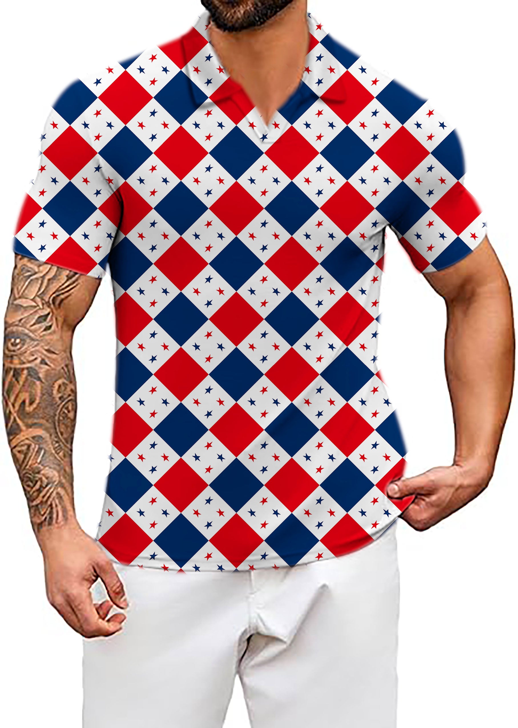 Men's Argyle US Star flag V Neck Golf Polo Shirts