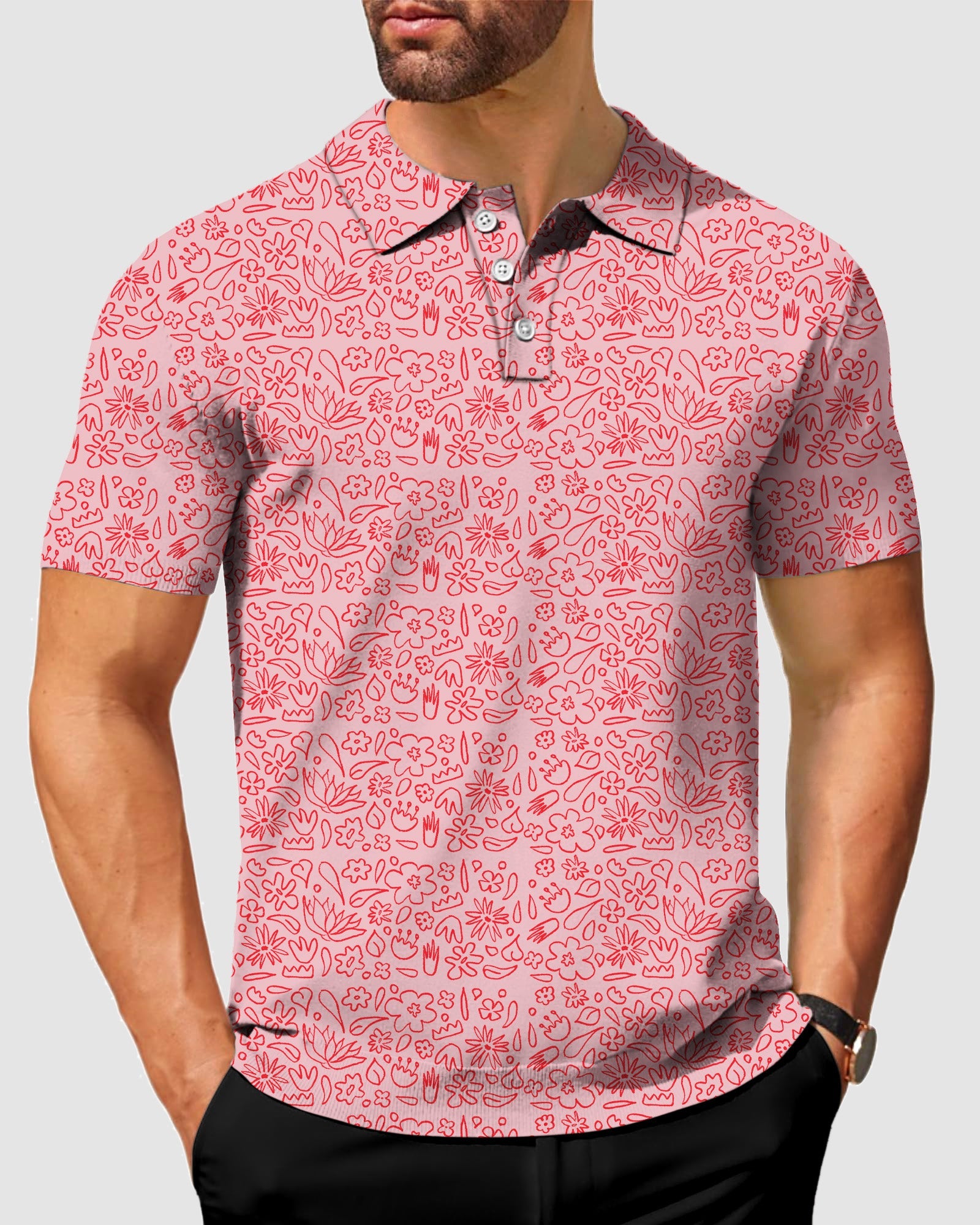 Men's simple pink polo shirt with flower drawing pattern, moisture-wicking, wrinkle-resistant, and UPF 40+ protection.