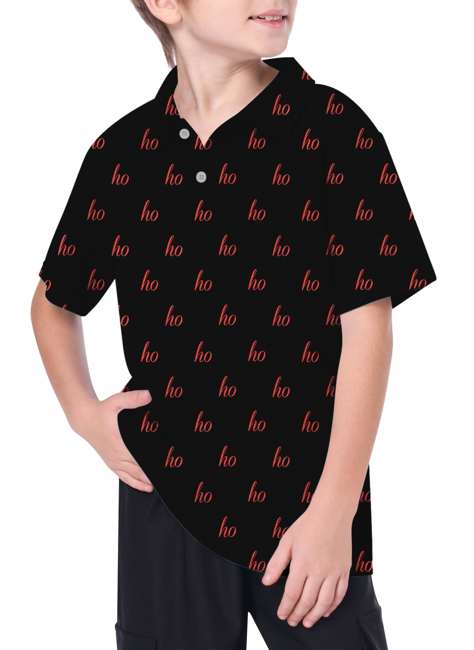 Youth black custom name Christmas golf polo with red "ho" print on boy model