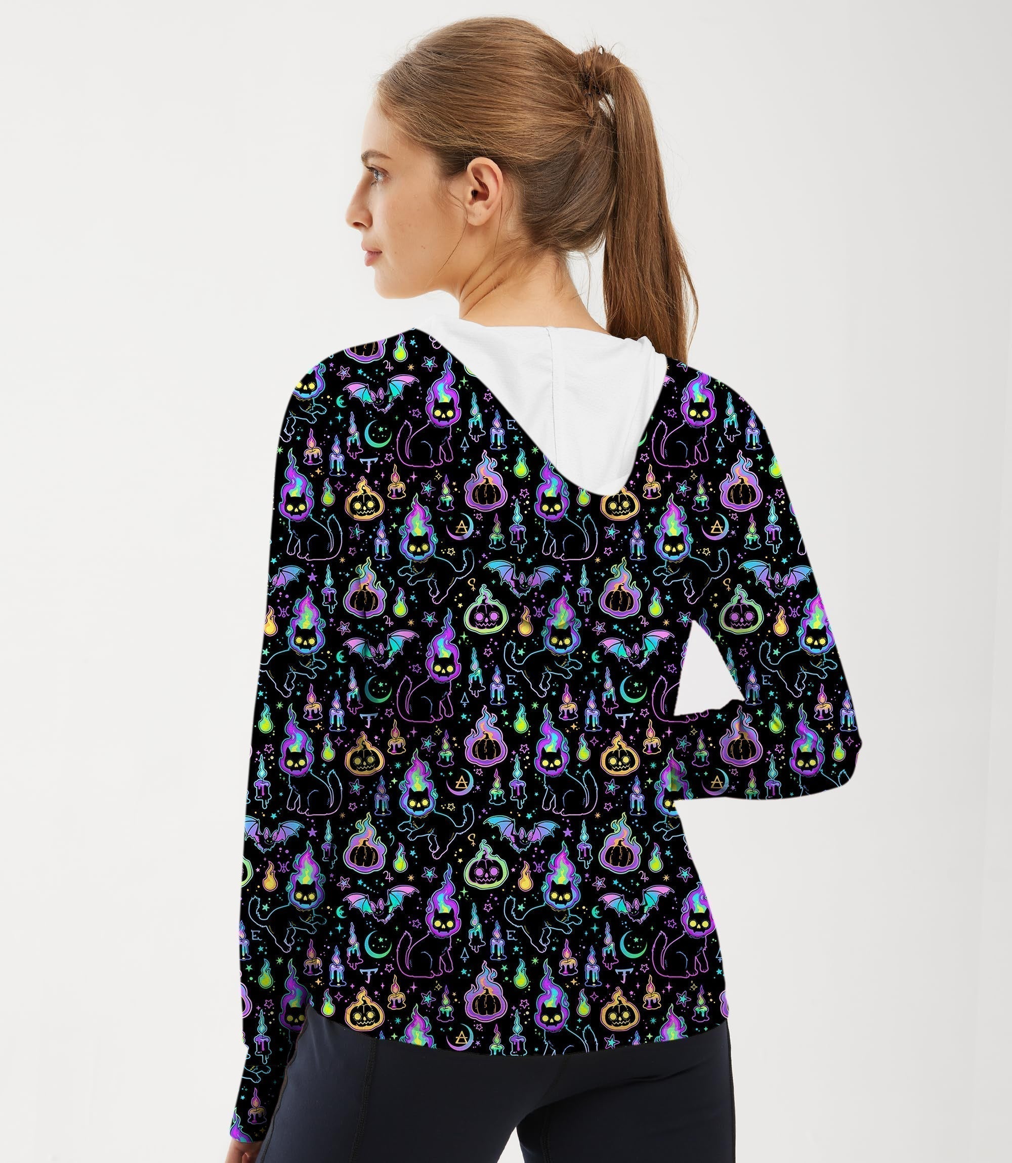 Women's slim fit zip hoodie with outdoor Halloween ghost, pumpkin, and cat pattern, featuring sun protection and breathable fabric for golfing and other activities