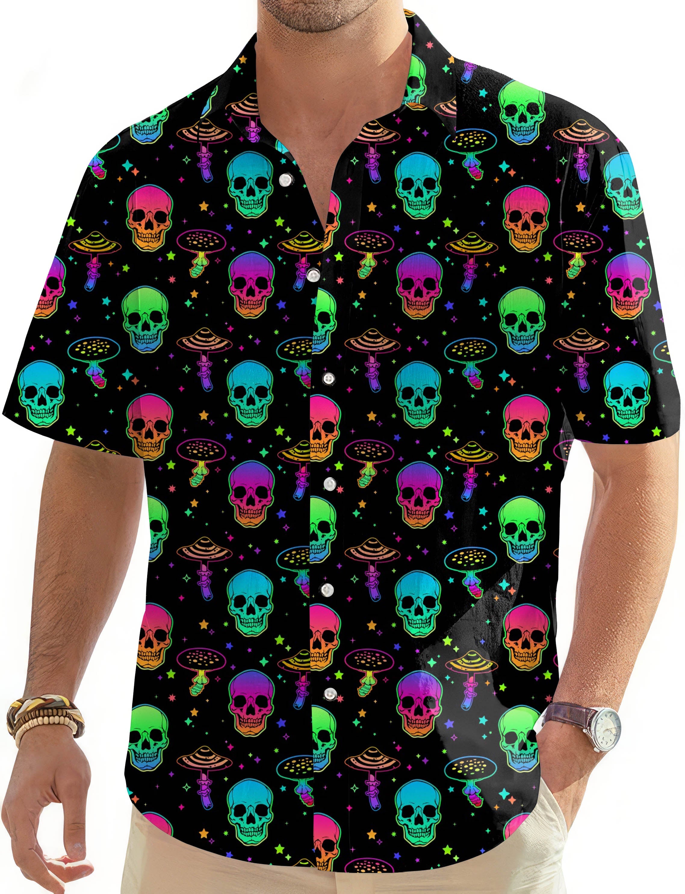 Men's neon mushroom skeleton Hawaiian shirt with button-down front and short sleeves