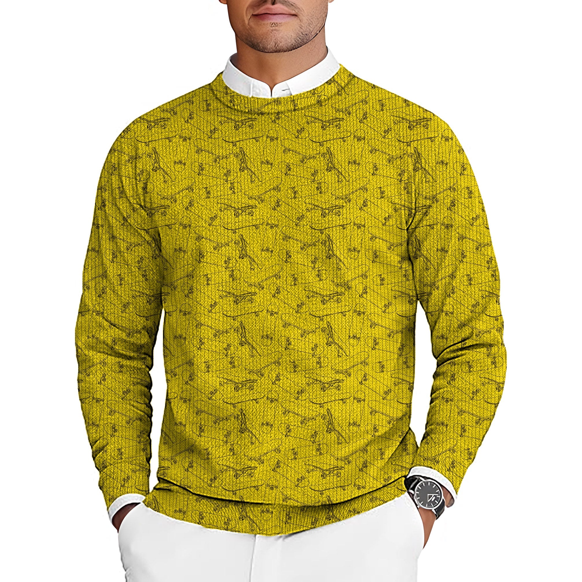 Yellow Skateboard Men's golf crewneck pullover sweater with abstract pattern