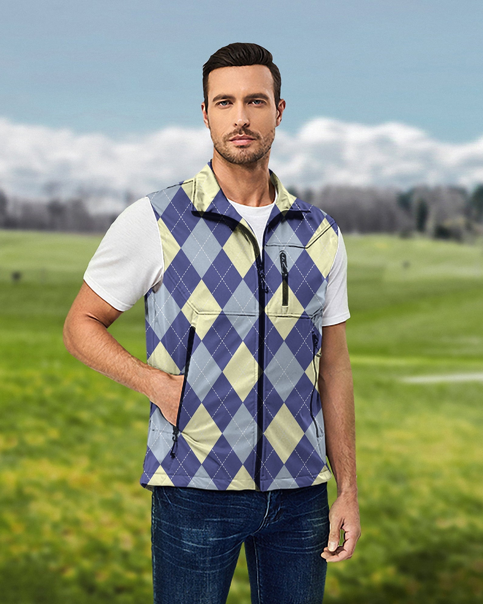 Men's blue Argyle lightweight softshell sleeveless vest jacket for golf outdoors