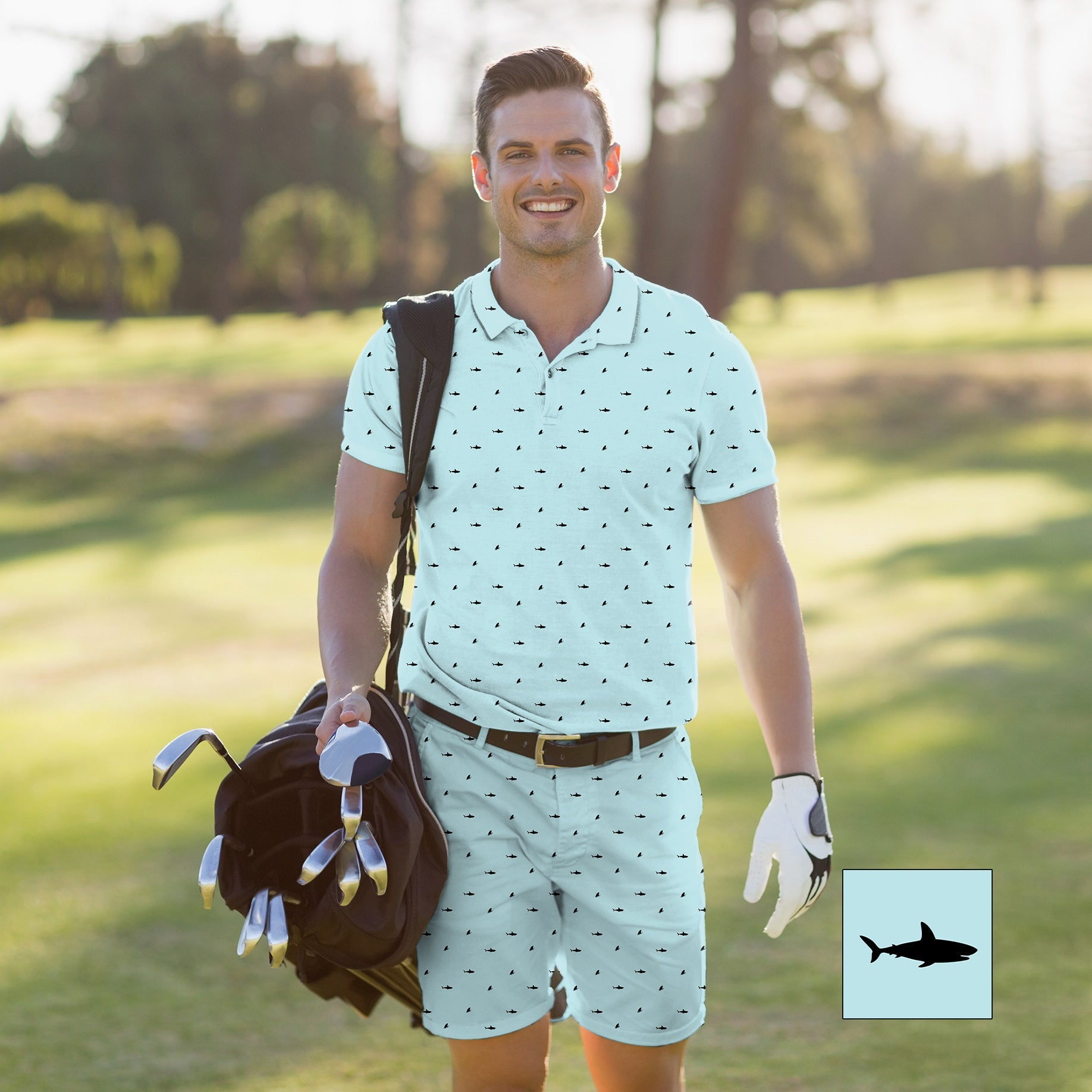 Men's Golf Set black shark and fin custom polo and shorts with four-way stretch and UPF 40+ protection