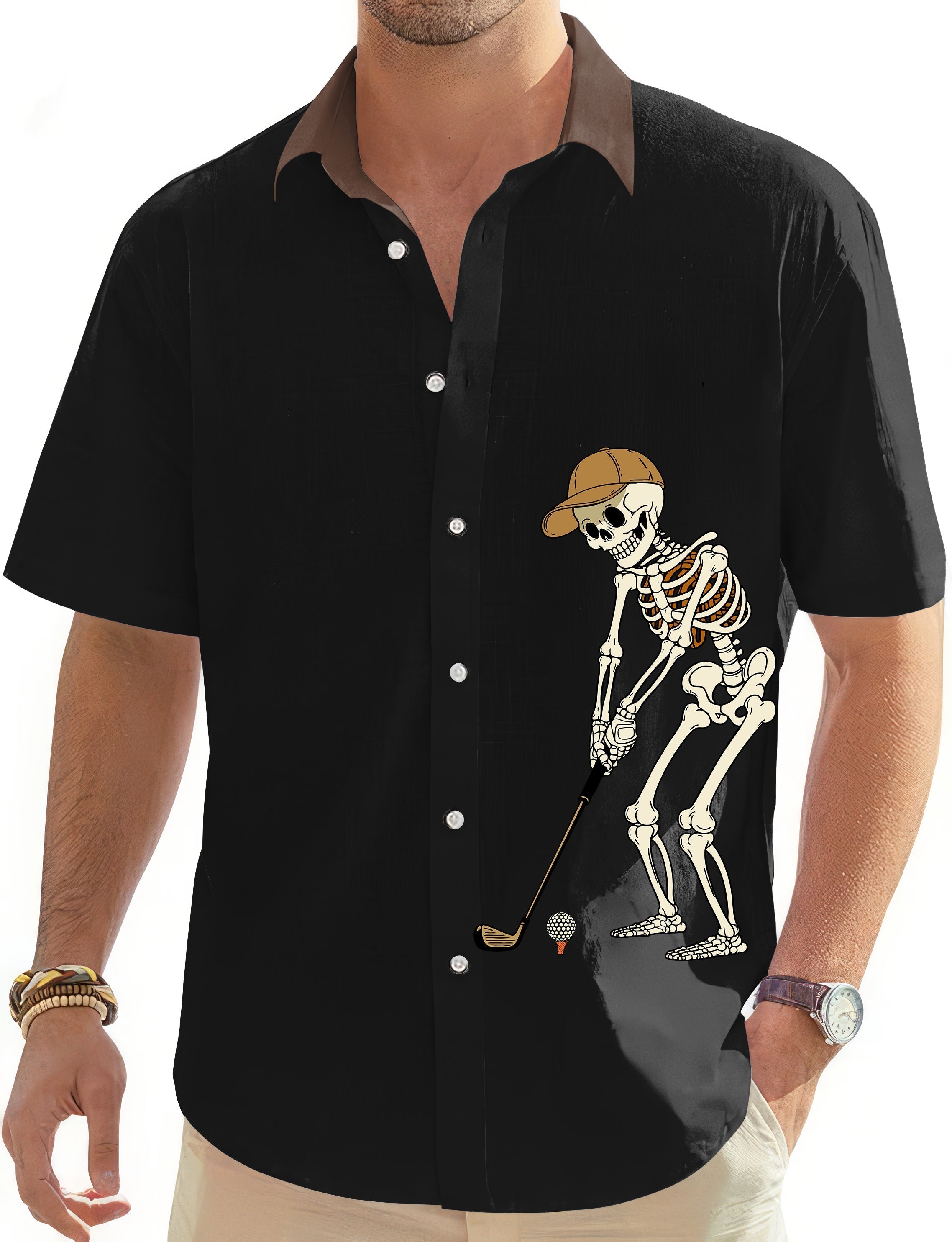 Men's black button-down shirt with yellow brown Halloween skeleton golf design